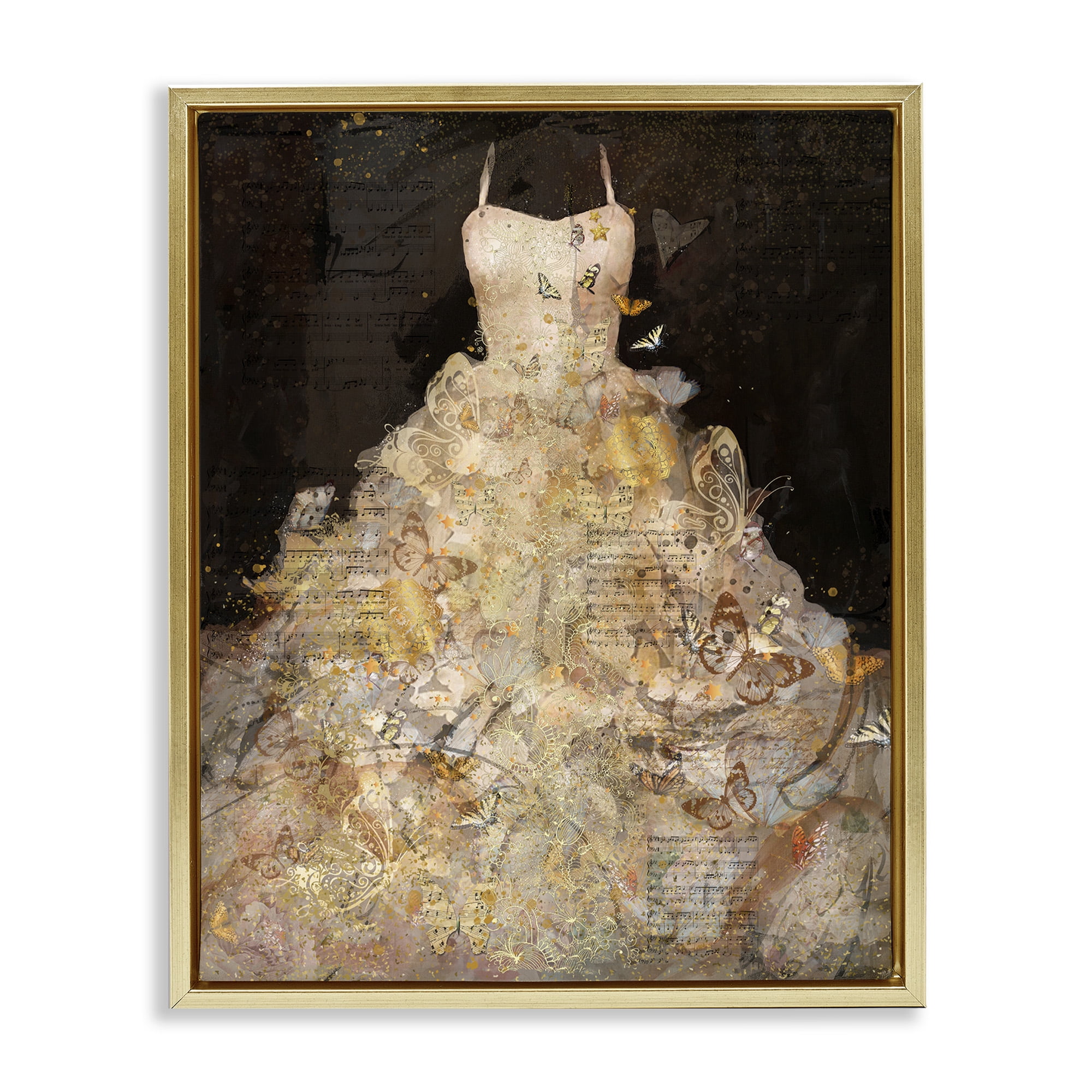 Stupell Industries Detailed Evening Gown Collage Beauty & Fashion Painting Gold Floater Framed Canvas Art Print Wall Art, 17 x 21