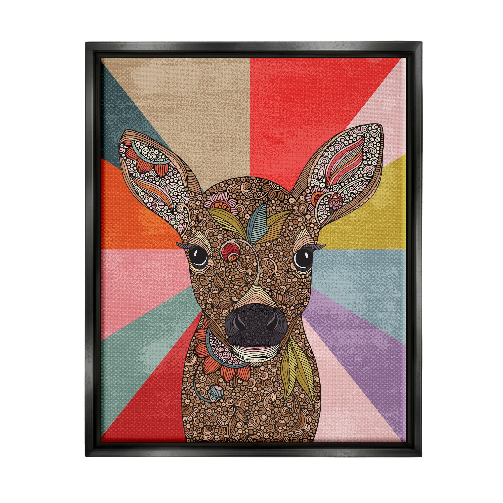 Stupell Industries Detailed Fawn Pop Style Stripes Floral Patterns Graphic Art Jet Black Floating Framed Canvas Print Wall Art, Design by Valentina Harper