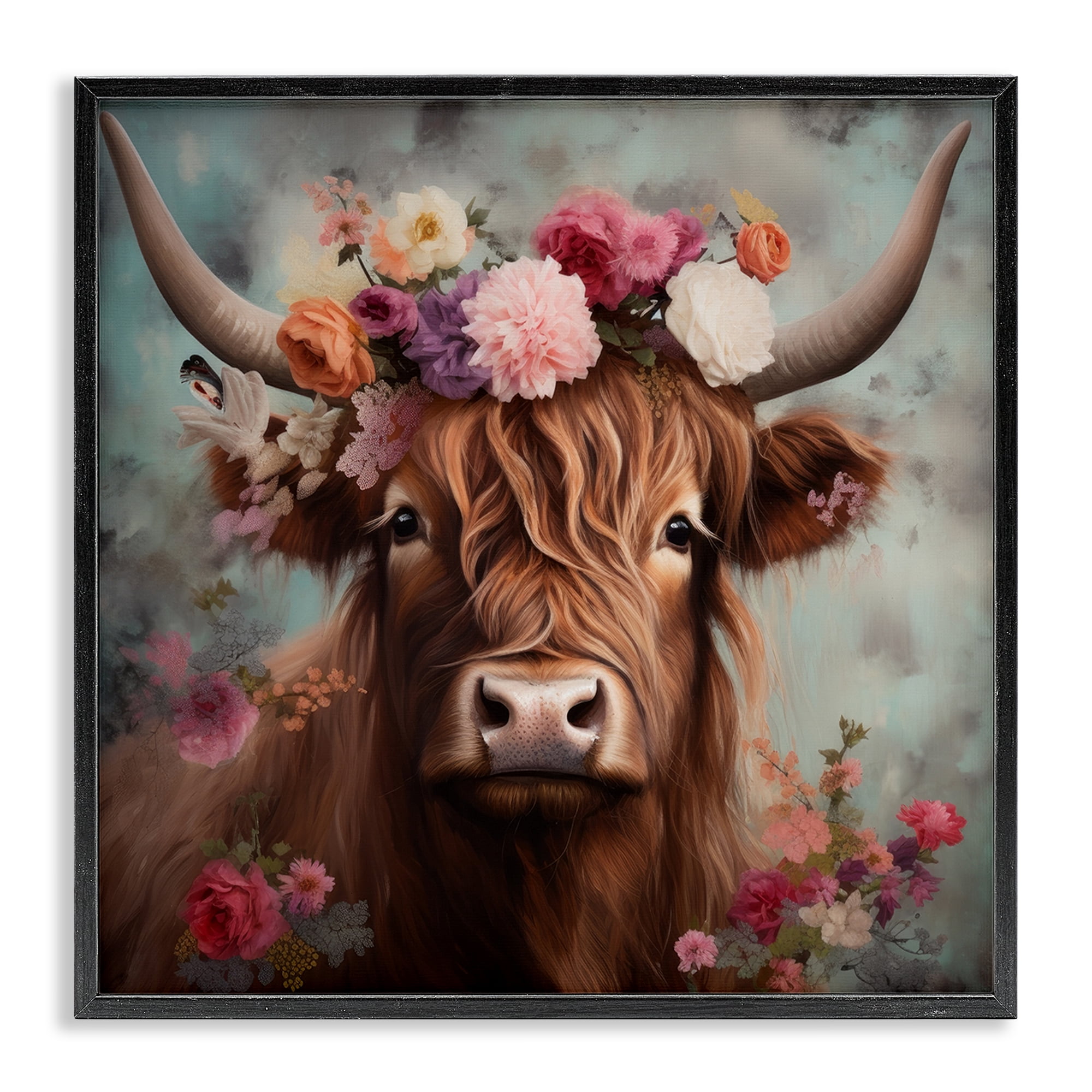 Stupell Industries Detailed Floral Highland Cow Animals Painting Black Framed Art Print Wall Art, 24 x 24