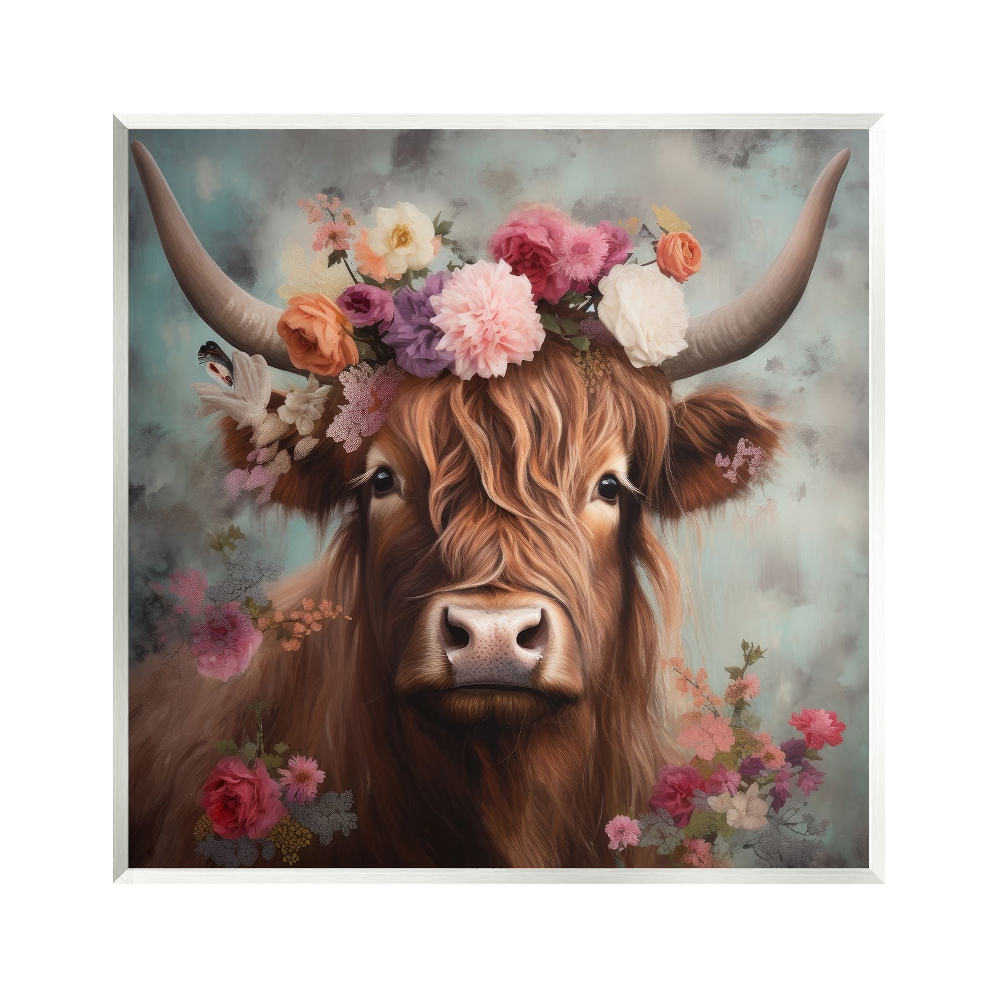 Floral Crown Highland Cow Canvas Art, 12 x 12