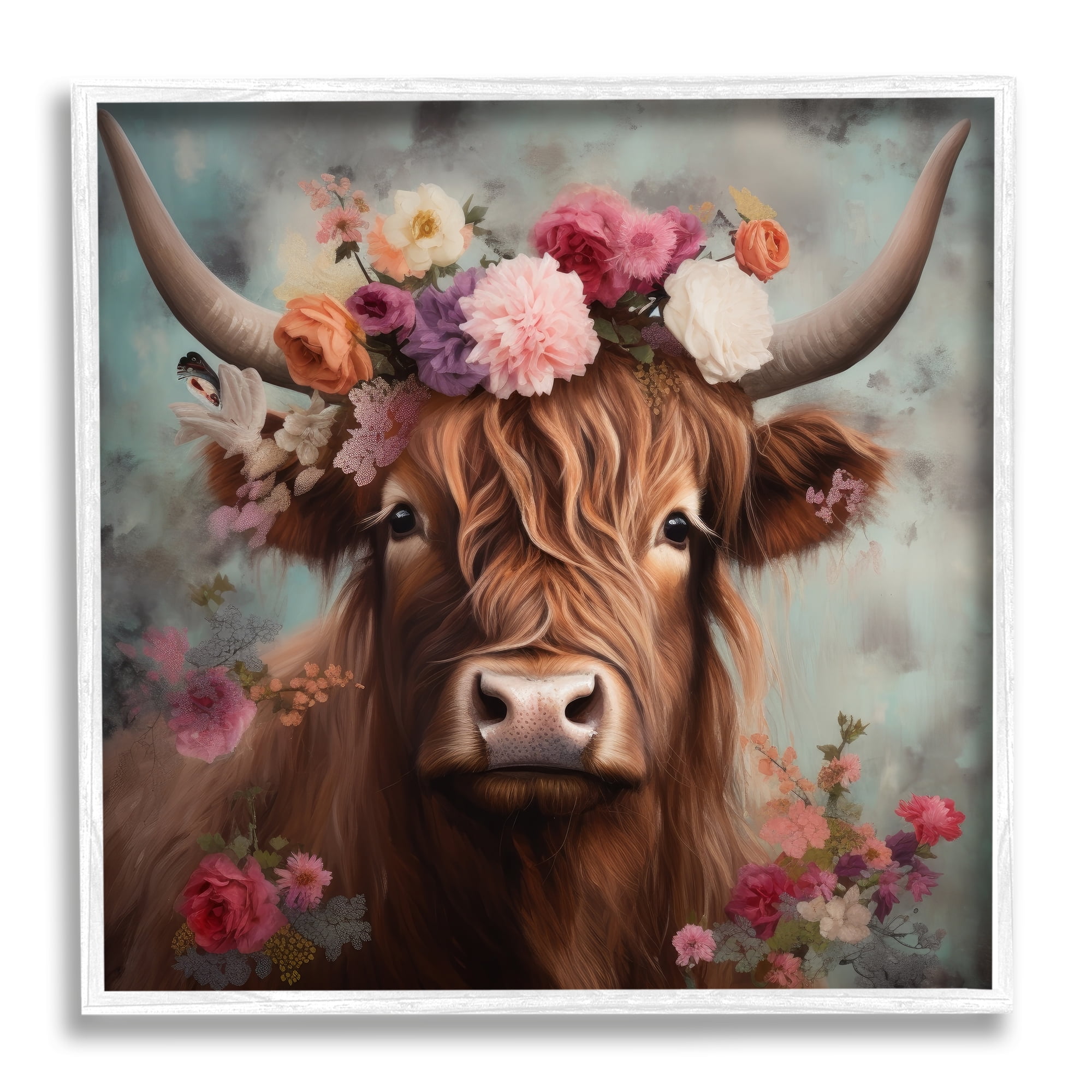 Floral Highland Cow Print on Canvas with White Frame