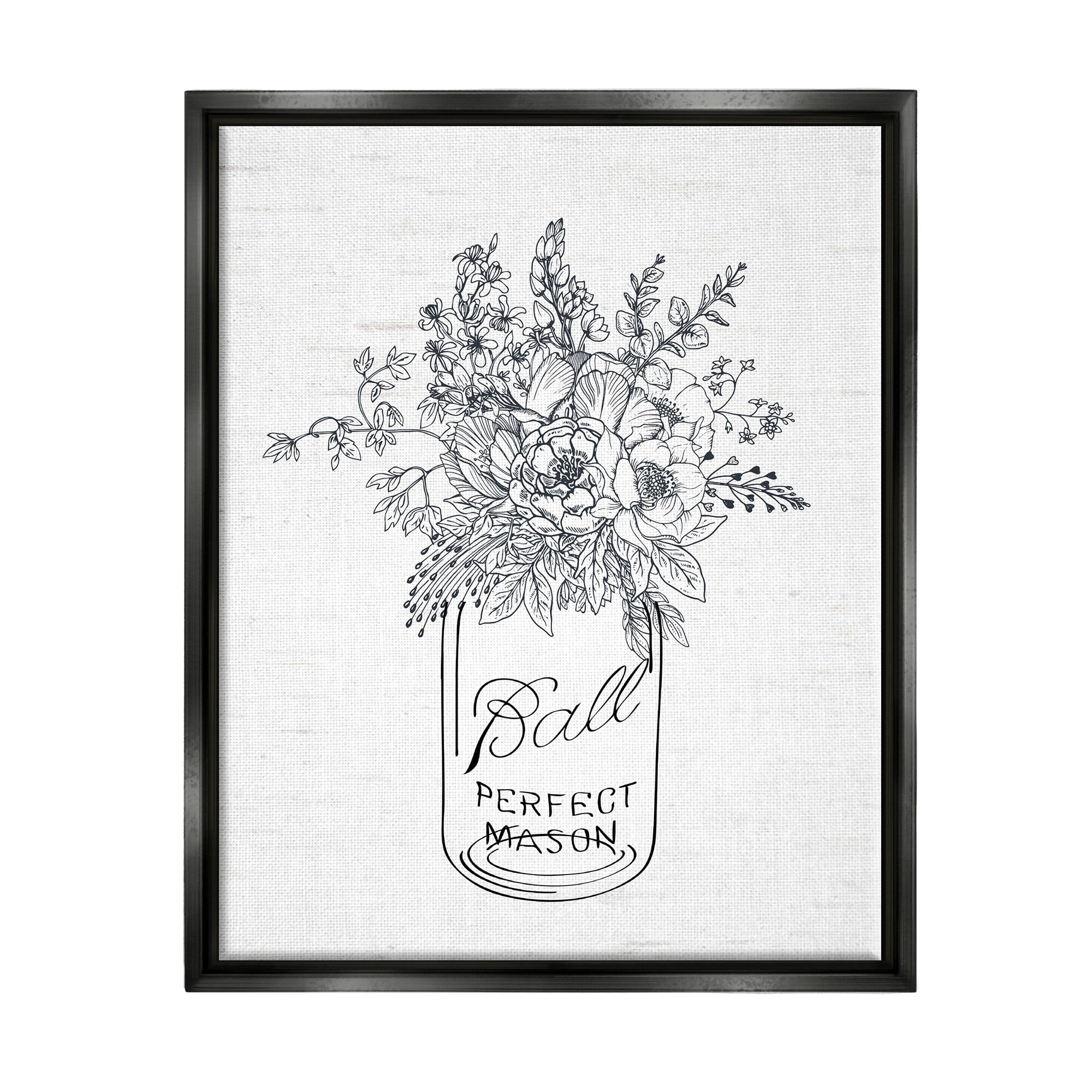 Stupell Industries Detailed Flower Bouquet Outline Drawing Rustic Jar Graphic Art Jet Black Floating Framed Canvas Print Wall Art, Design by Lettered and Lined