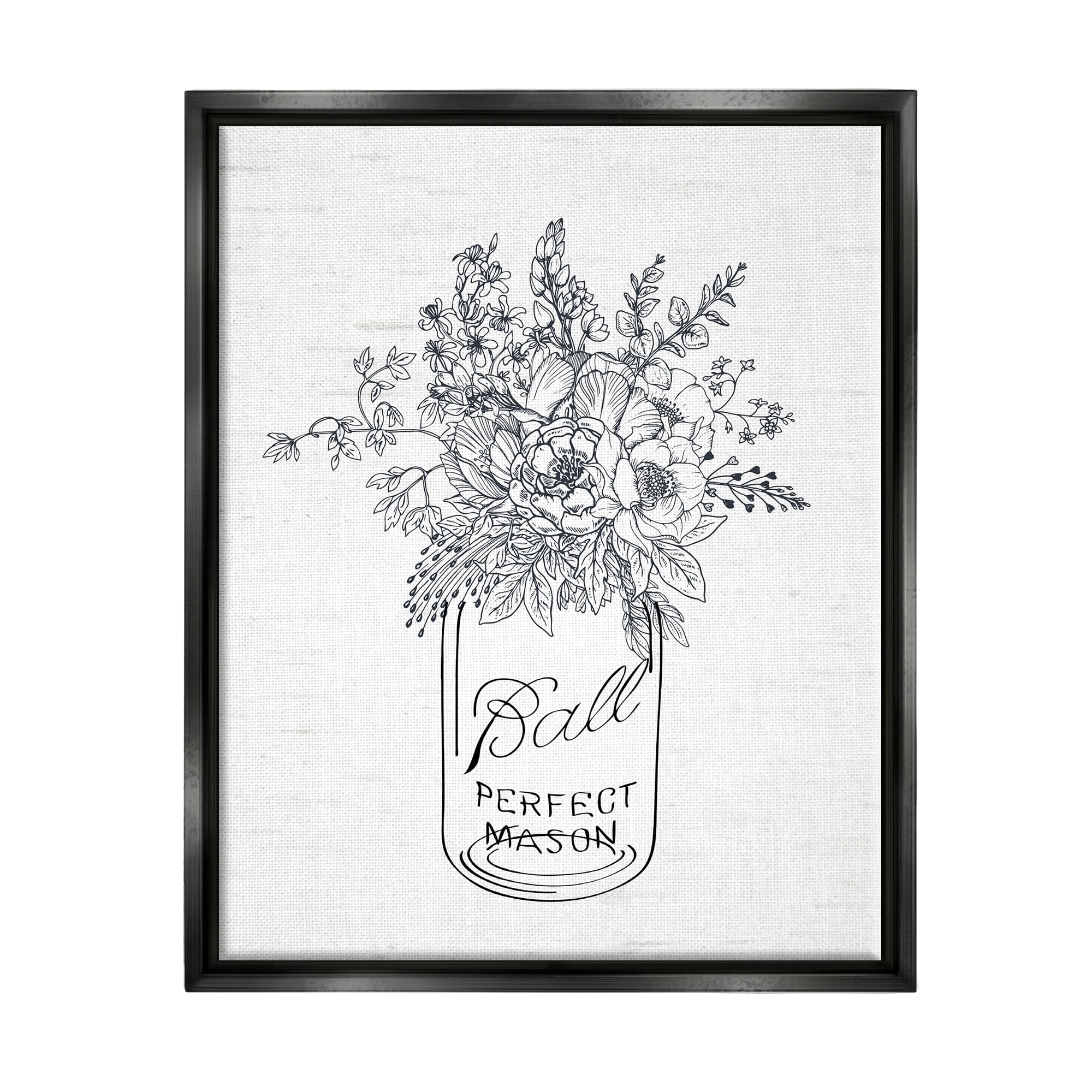 Stupell Industries Detailed Flower Bouquet Outline Drawing Rustic Jar Graphic Art Jet Black Floating Framed Canvas Print Wall Art, Design by Lettered and Lined