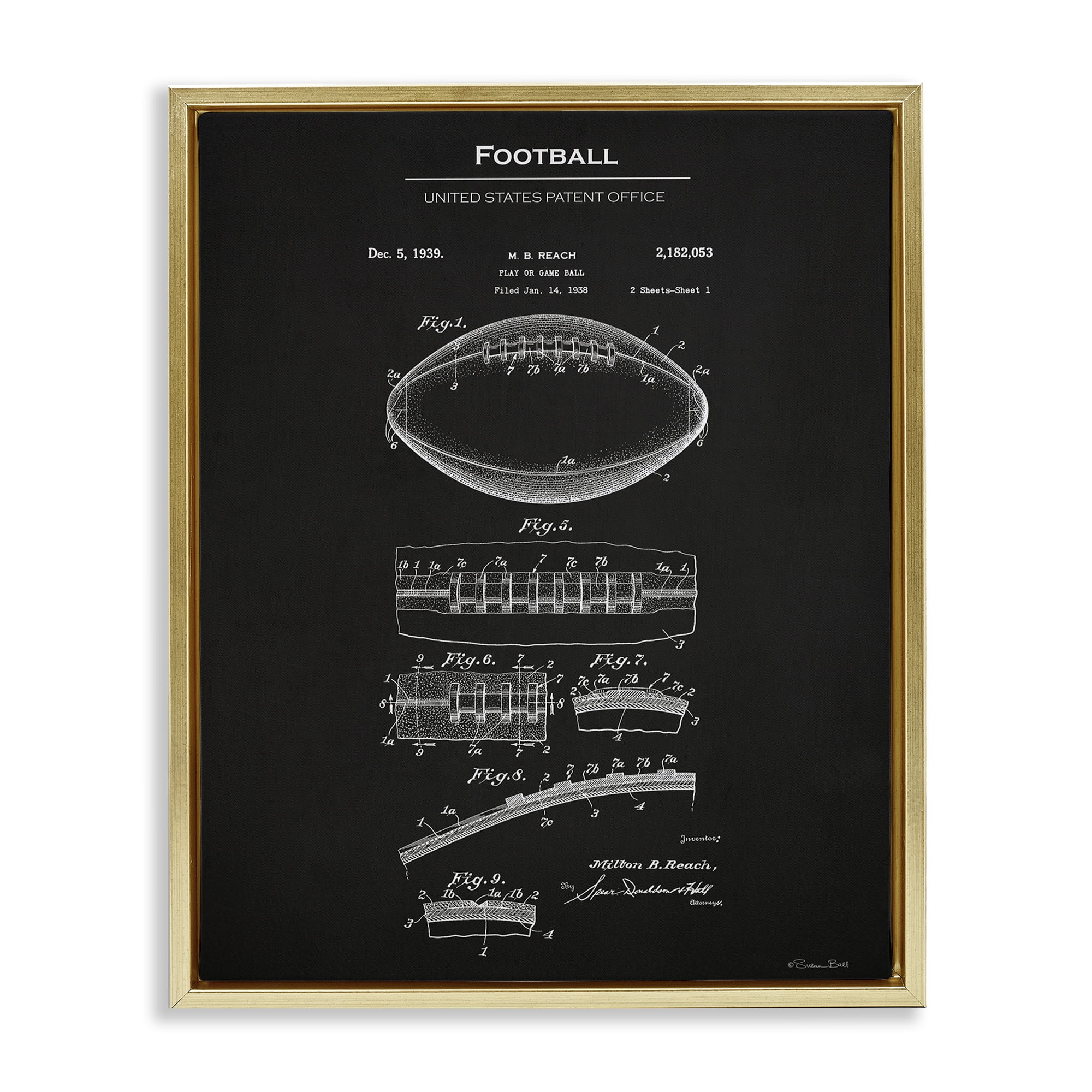 Stupell Industries Detailed Football Blueprint Sports Painting Gold Floater Framed Art Print Wall Art, 17 x 21