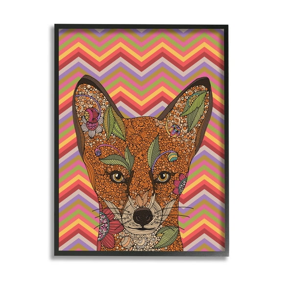 Stupell Industries Detailed Fox Retro Zig Zag Pattern Mandala Fractals Graphic Art Black Framed Art Print Wall Art, Design by Valentina Harper