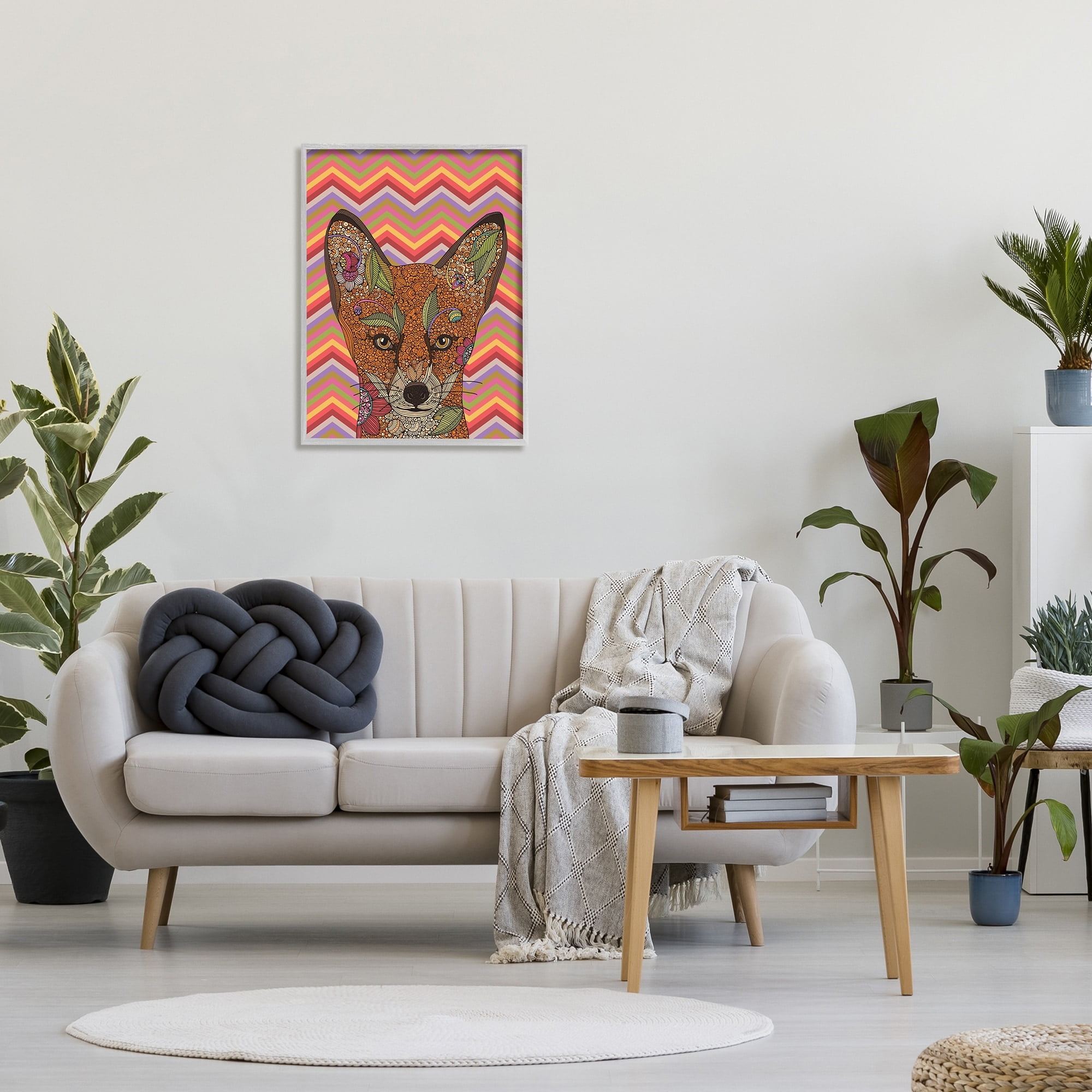 Stupell Industries Detailed Fox Retro Zig Zag Pattern Mandala Fractals Graphic Art Gray Framed Art Print Wall Art, Design by Valentina Harper