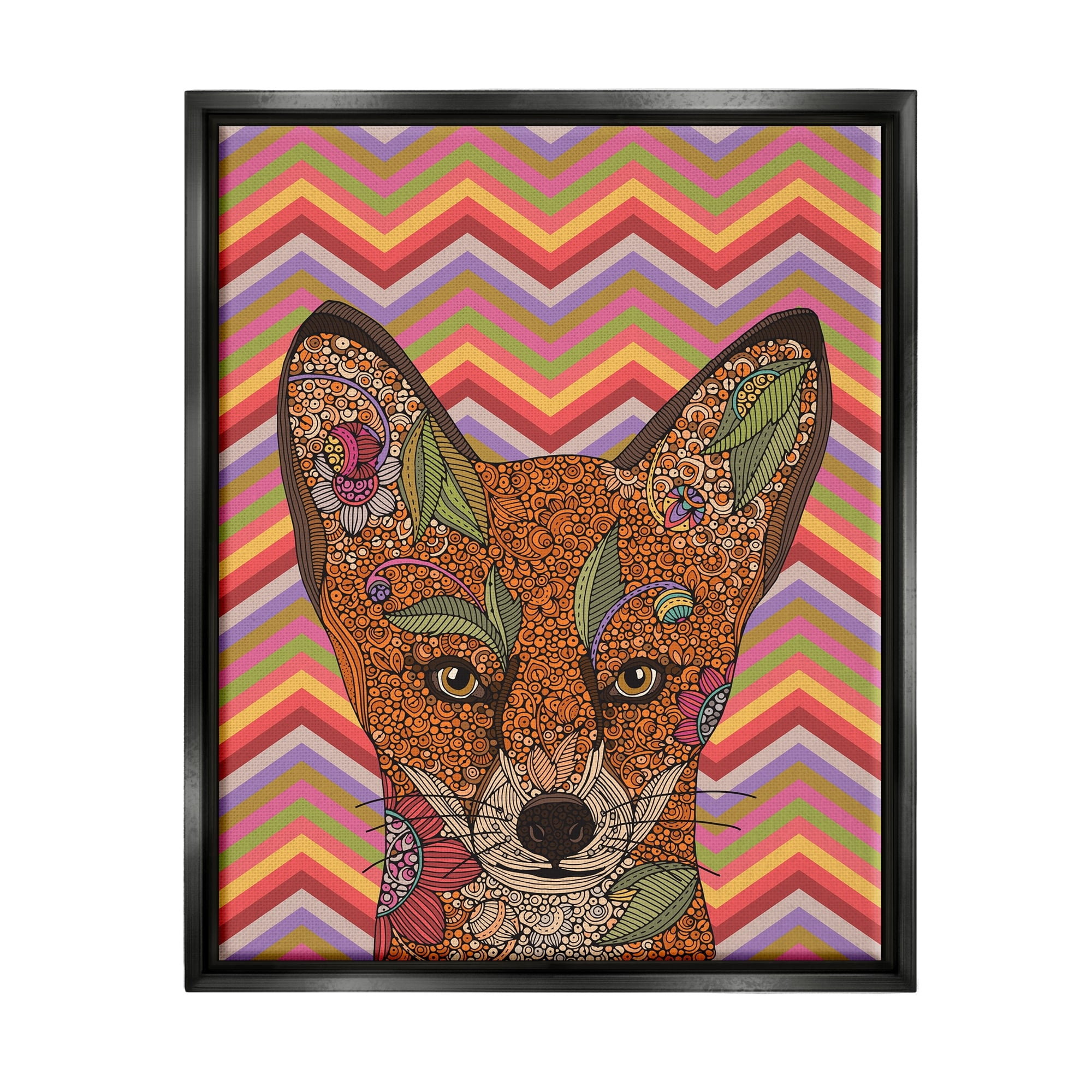 Stupell Industries Detailed Fox Retro Zig Zag Pattern Mandala Fractals Graphic Art Jet Black Floating Framed Canvas Print Wall Art, Design by Valentina Harper
