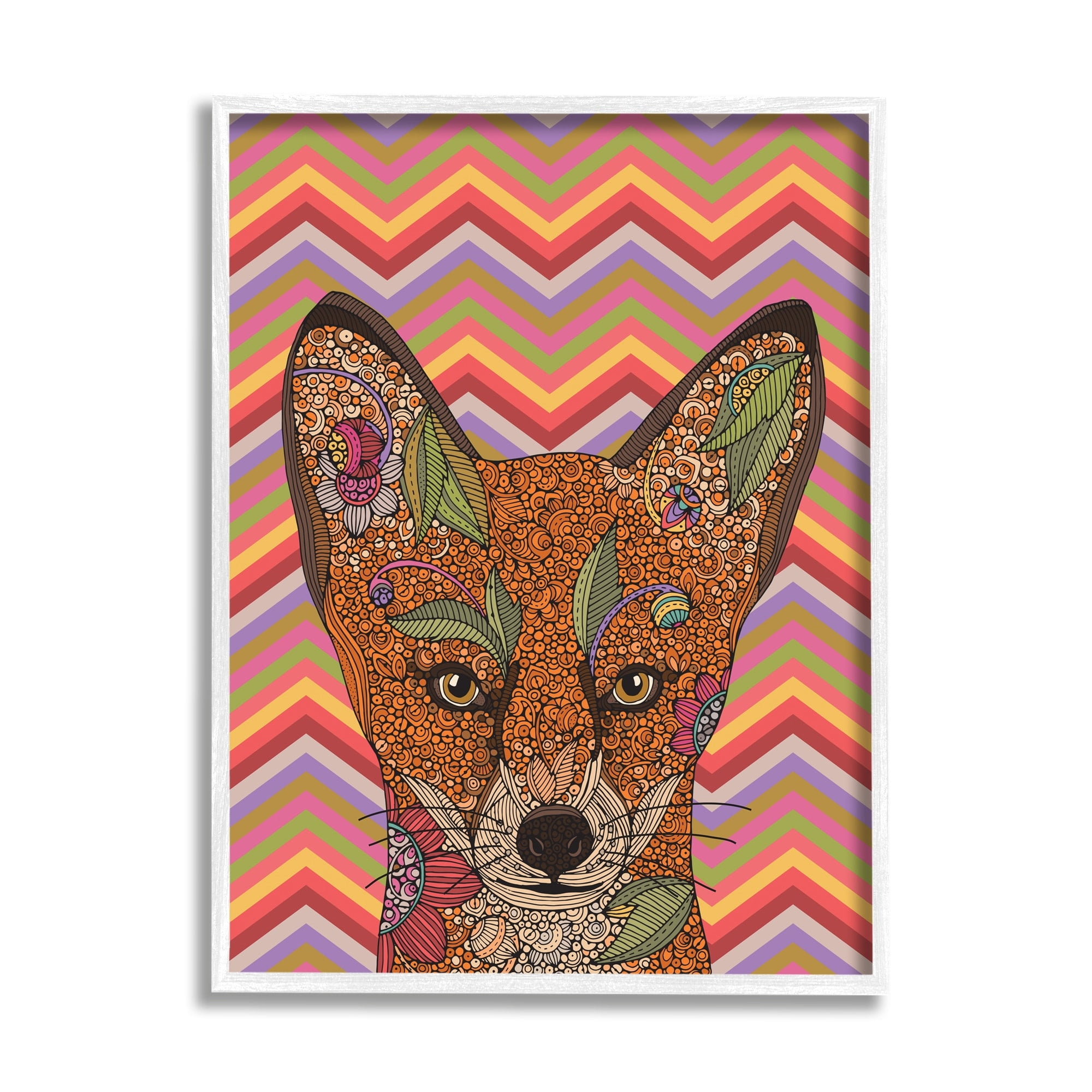 Stupell Industries Detailed Fox Retro Zig Zag Pattern Mandala Fractals Graphic Art White Framed Art Print Wall Art, Design by Valentina Harper