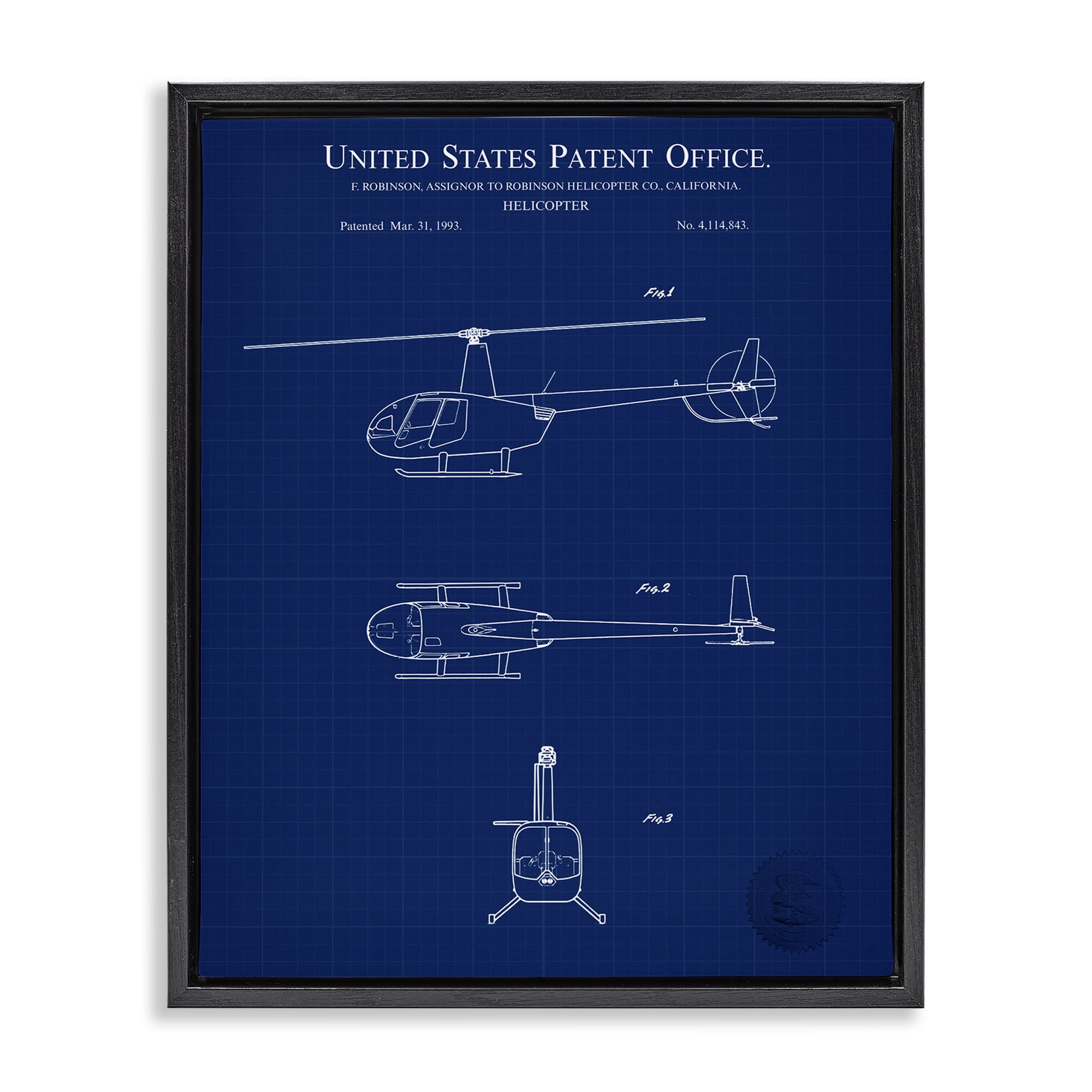 Stupell Industries Detailed Helicopter Blueprint Transportation Painting Black Floater Framed Art Print Wall Art, 17 x 21