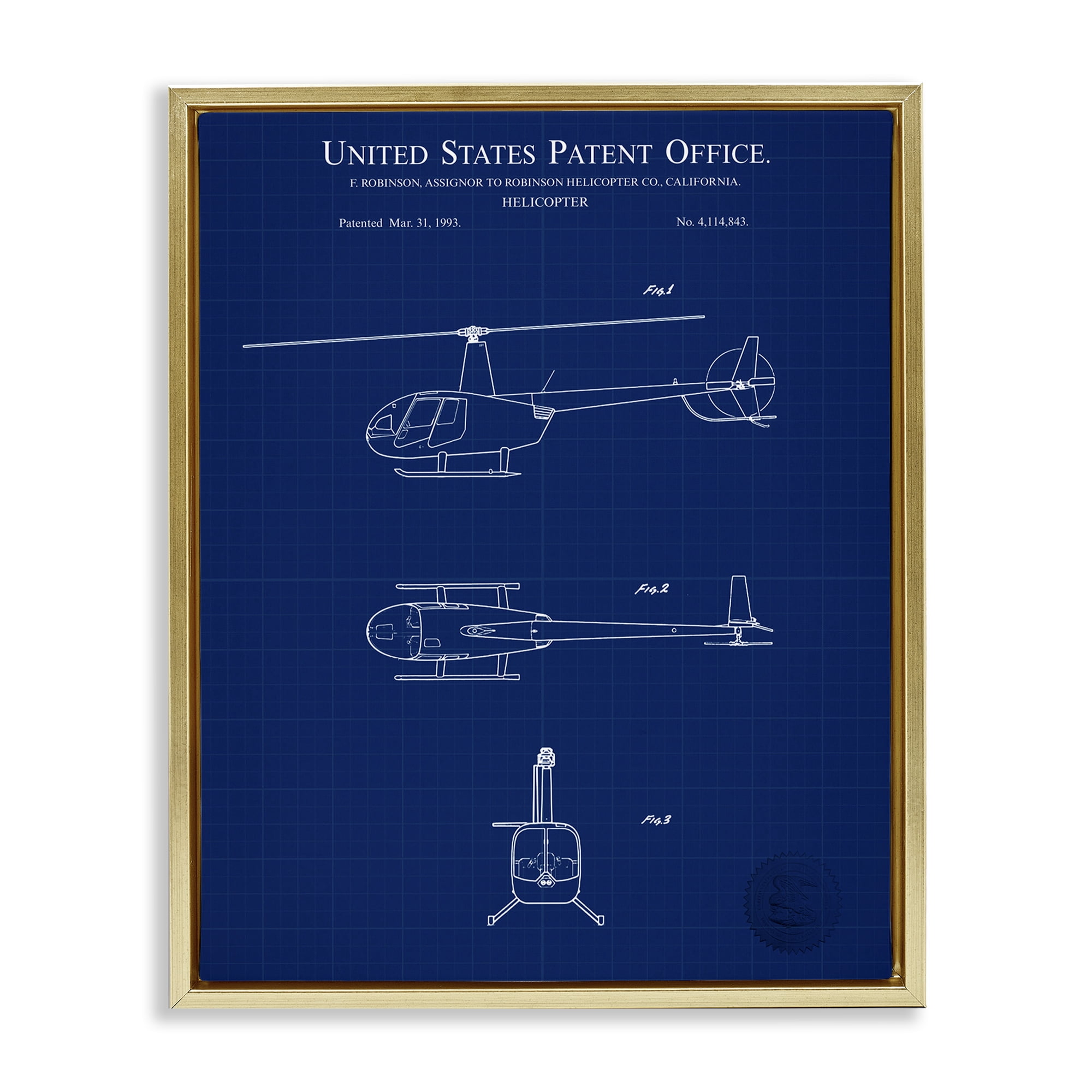 Stupell Industries Detailed Helicopter Blueprint Transportation Painting Gold Floater Framed Art Print Wall Art, 17 x 21