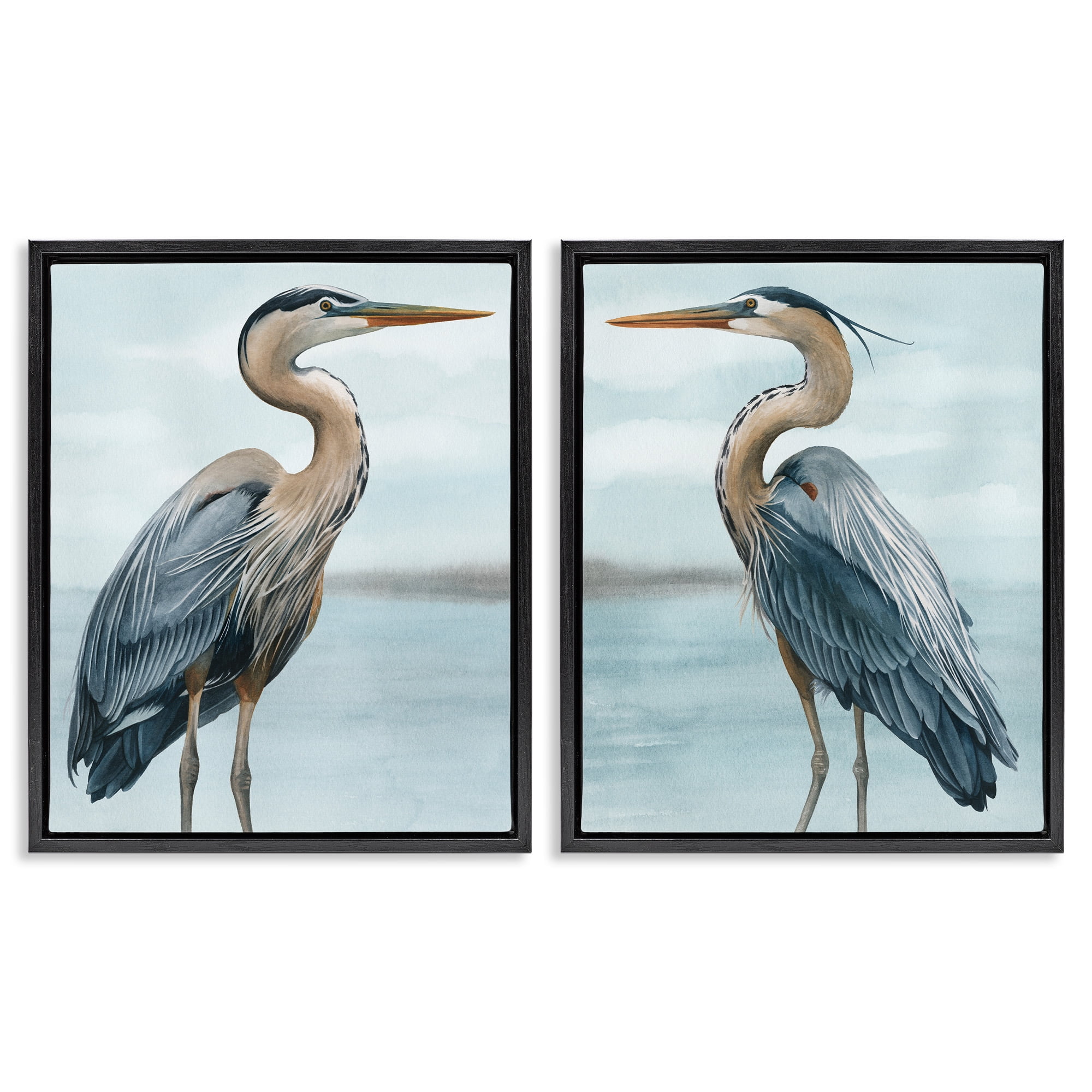 Stupell Industries Detailed Heron Bird Duo Animals & Insects Painting Black Floater Framed Canvas Art Print Wall Art, 25 x 31, Set of 2