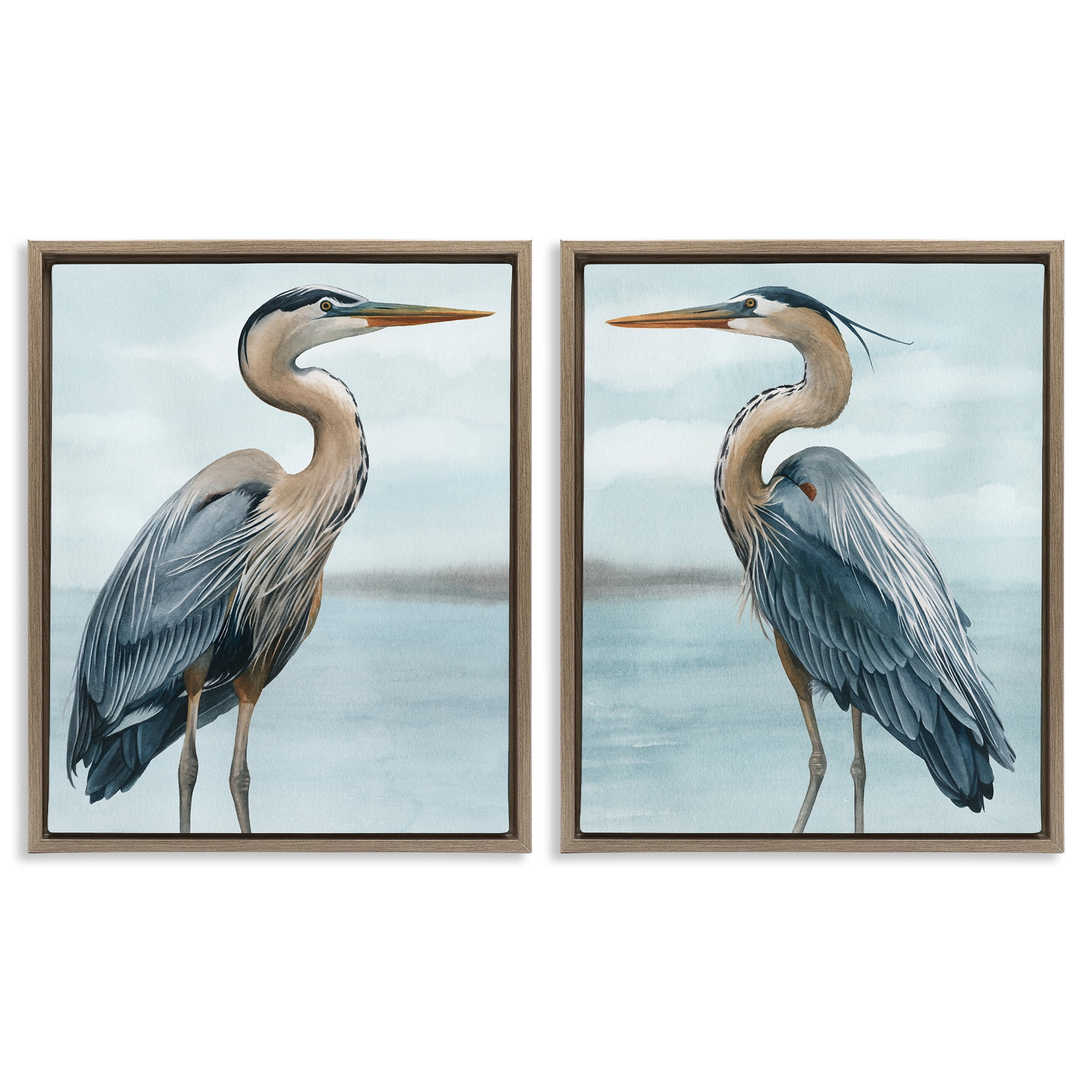 Stupell Industries Detailed Heron Bird Duo Animals & Insects Painting Brown Floater Framed Canvas Art Print Wall Art, 25 x 31, Set of 2