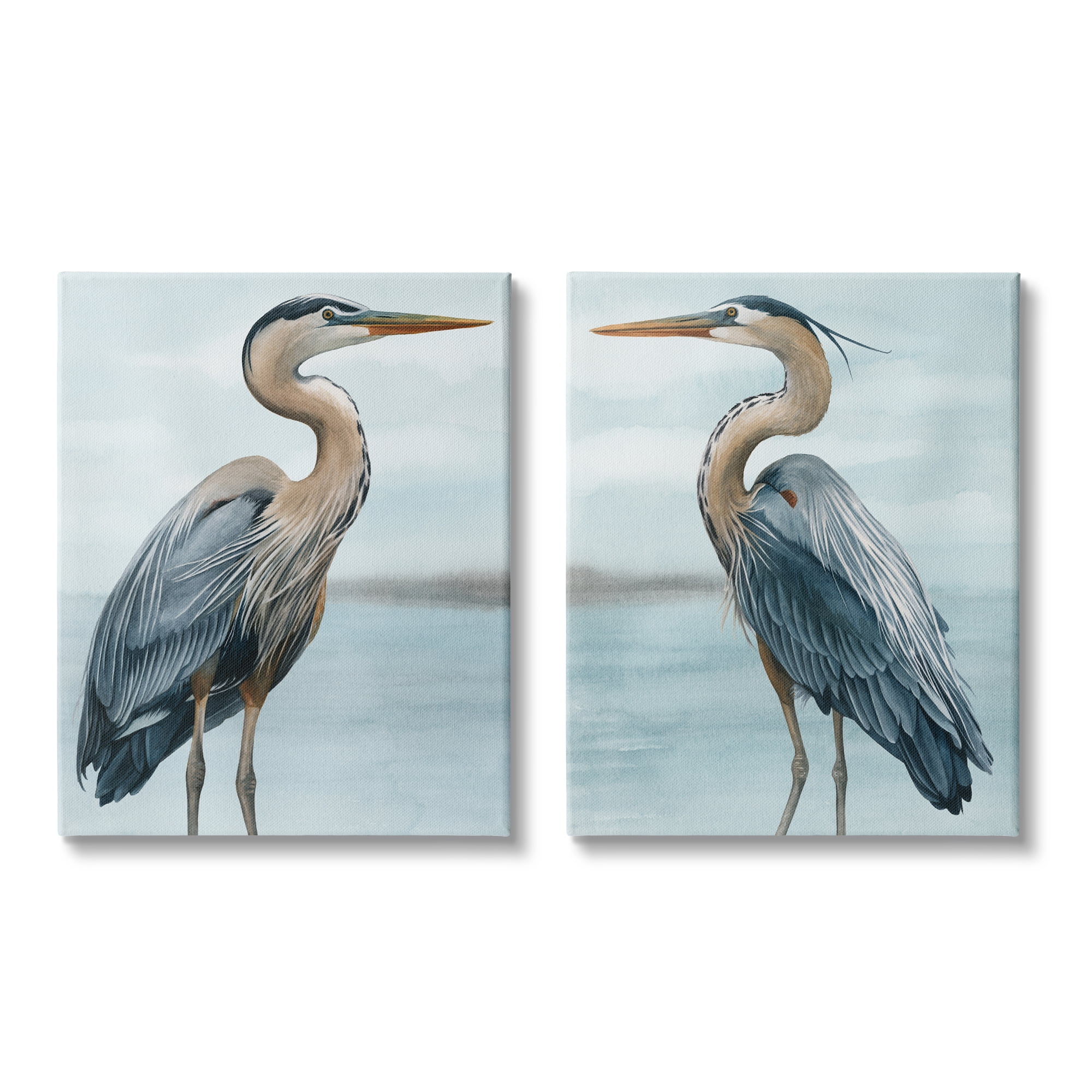 Detailed Heron Bird Duo Blue and Gray Canvas Wall Art Set
