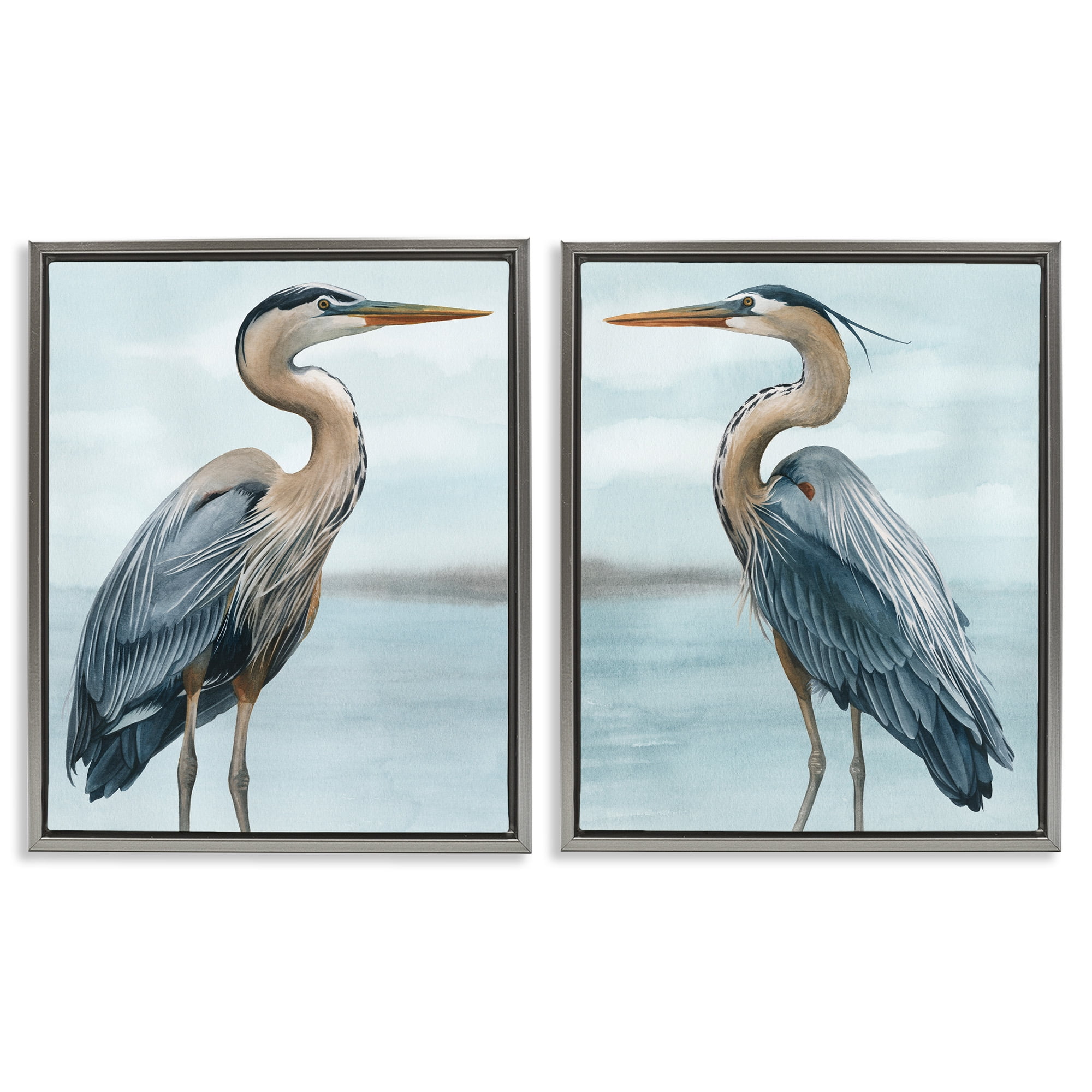 Stupell Industries Detailed Heron Bird Duo Animals & Insects Painting Gray Floater Framed Canvas Art Print Wall Art, 25 x 31, Set of 2