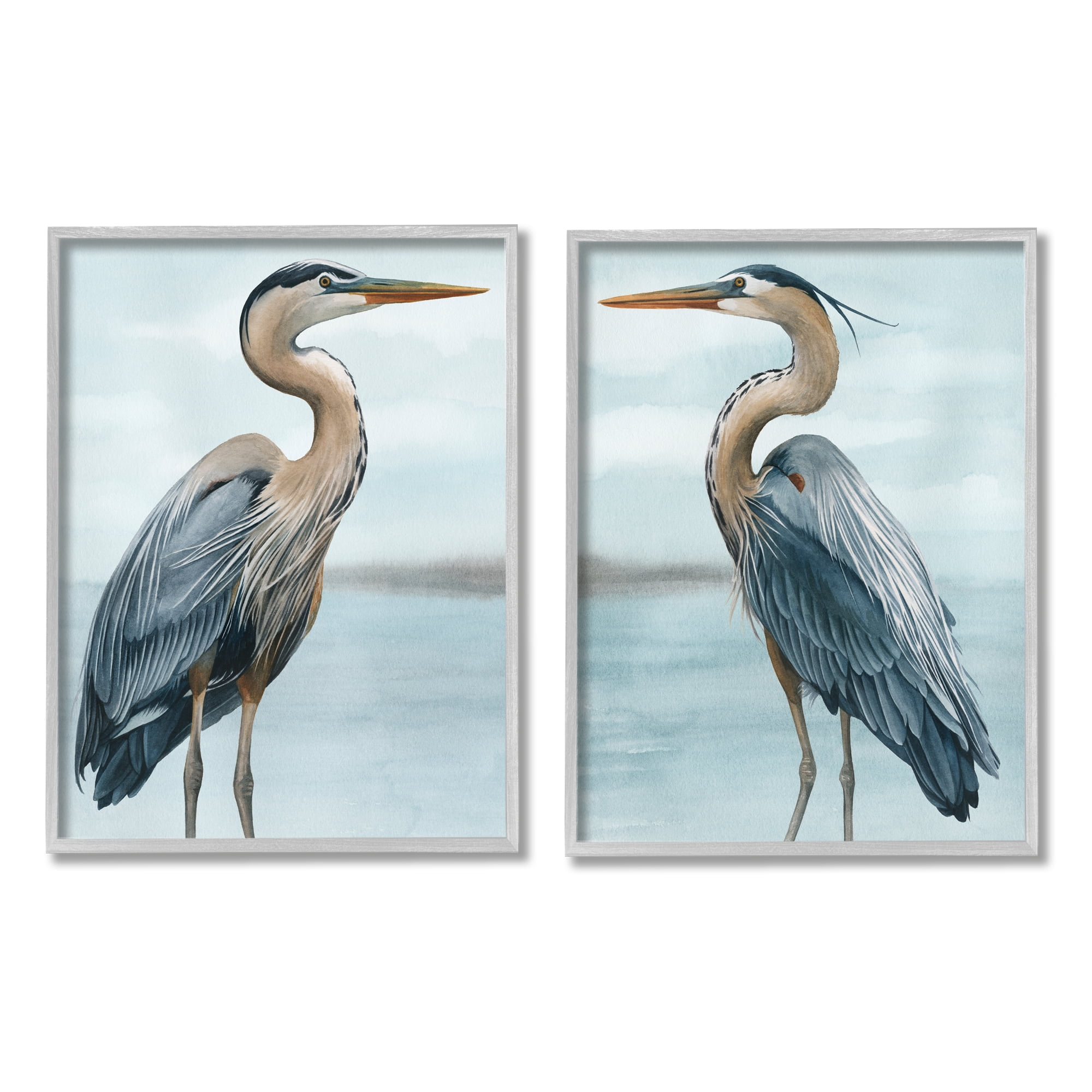 Detailed Heron Bird Duo Gray Framed Canvas Print Set