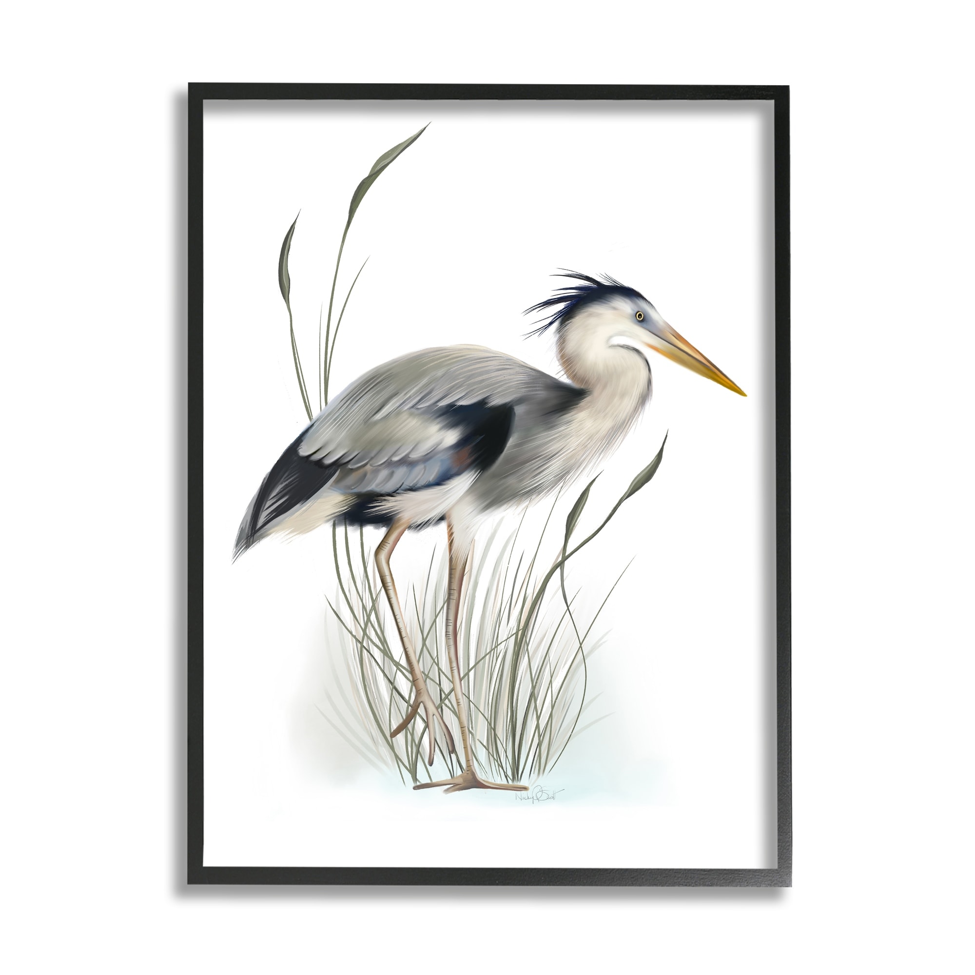 Stupell Industries Detailed Heron Bird Leering Wetland Grass Marsh Graphic Art Black Framed Art Print Wall Art, Design by Studio Q