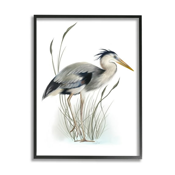 Stupell Industries Detailed Heron Bird Leering Wetland Grass Marsh Graphic Art Black Framed Art Print Wall Art, Design by Studio Q