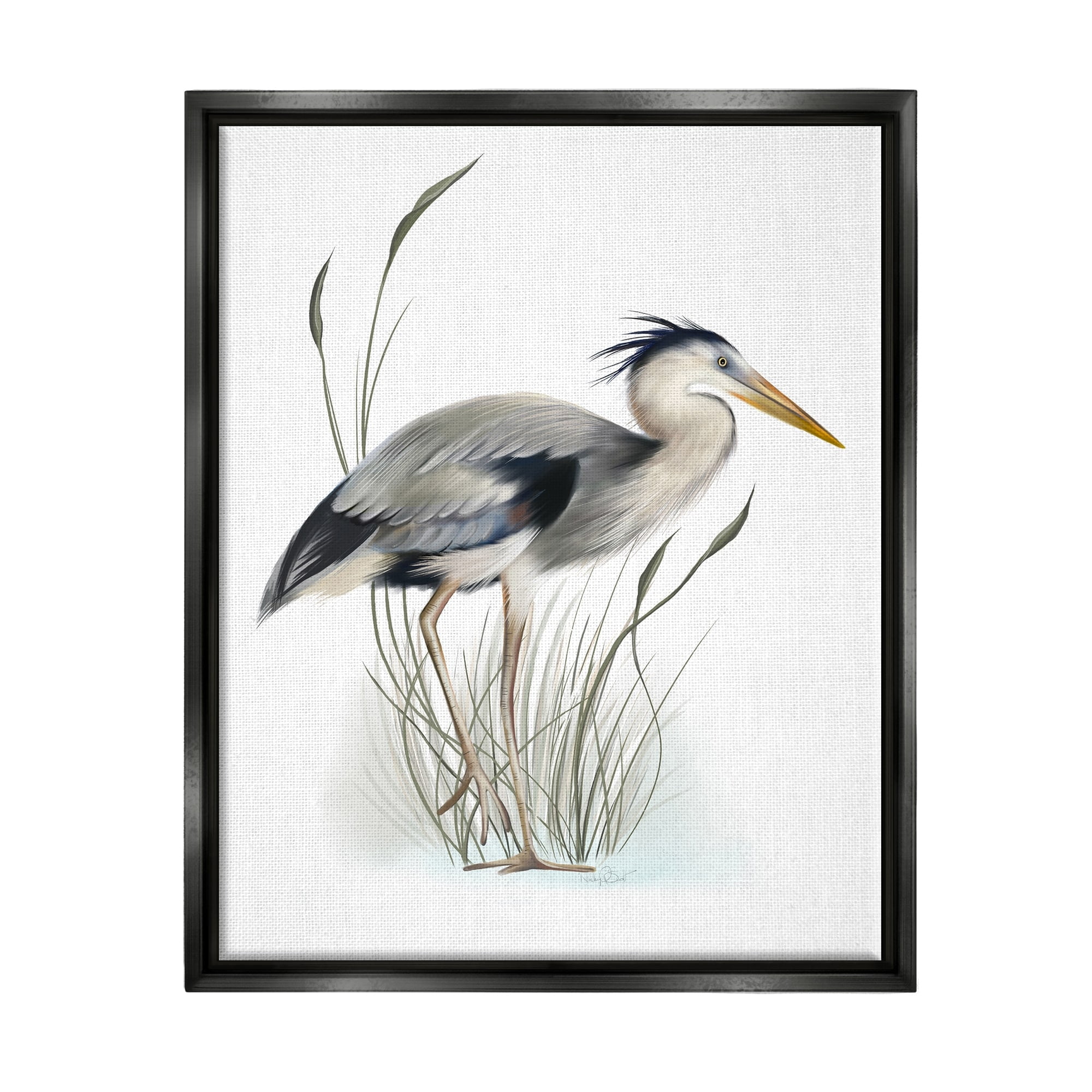 Stupell Industries Detailed Heron Bird Leering Wetland Grass Marsh Graphic Art Jet Black Floating Framed Canvas Print Wall Art, Design by Studio Q
