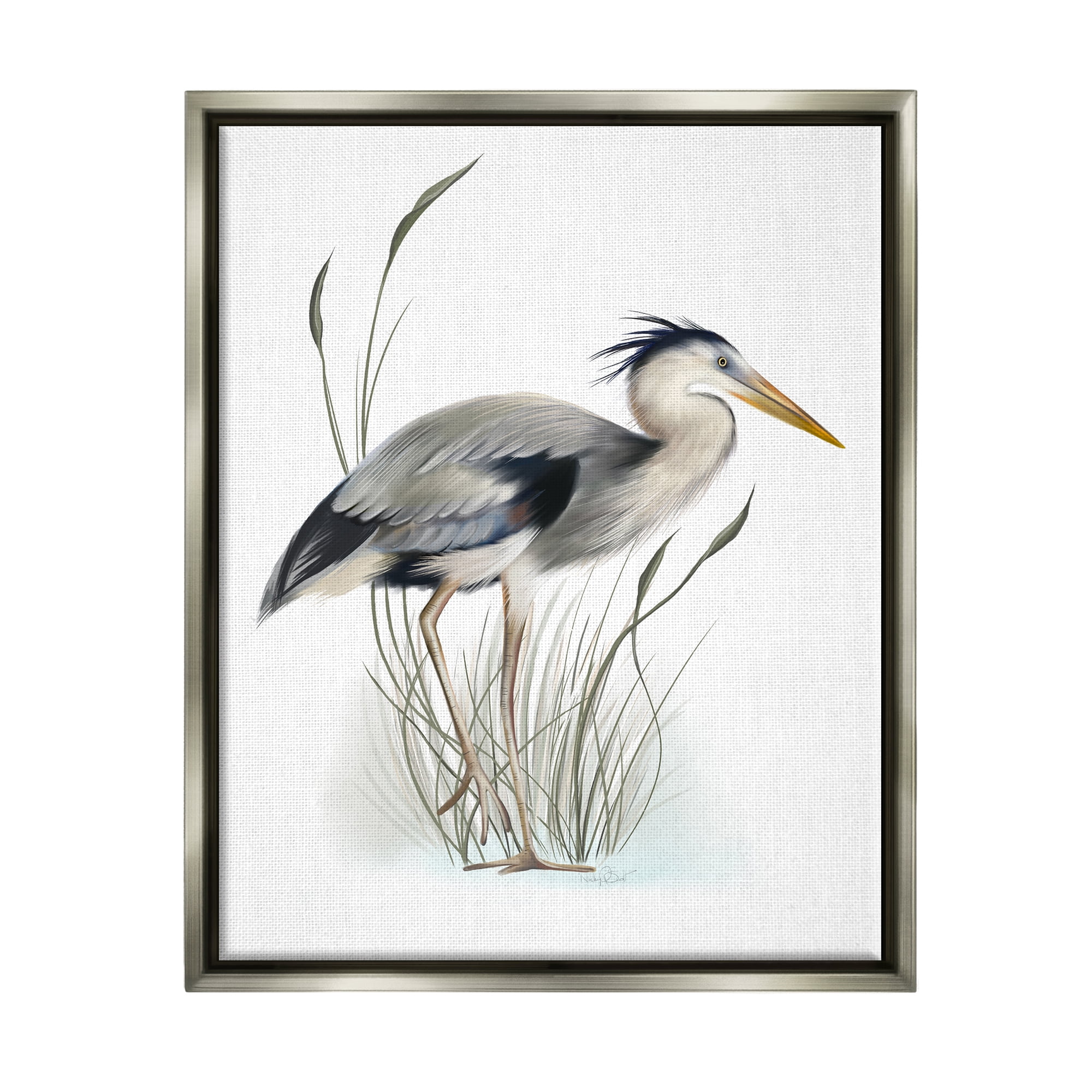 Stupell Industries Detailed Heron Bird Leering Wetland Grass Marsh Graphic Art Luster Gray Floating Framed Canvas Print Wall Art, Design by Studio Q