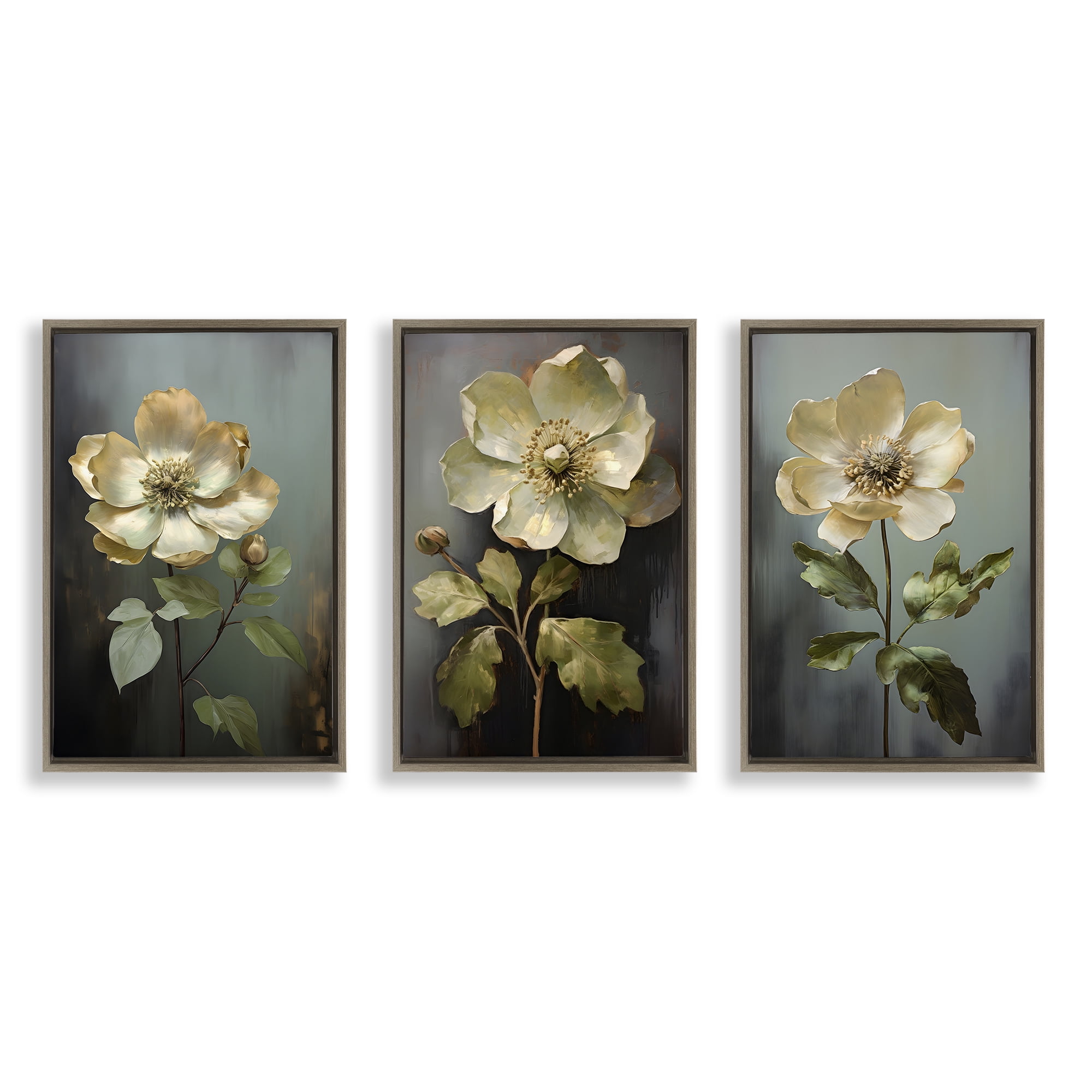 Stupell Industries Detailed Magnolia Flowers Plants & Flowers Painting Brown Floater Framed Canvas Art Print Wall Art, 21 x 31, Set of 3