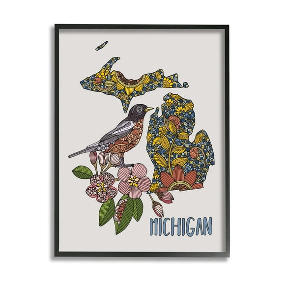 Stupell Industries Detailed Michigan State Robin Bird & Flower Patterns Graphic Art Black Framed Art Print Wall Art, Design by Valentina Harper