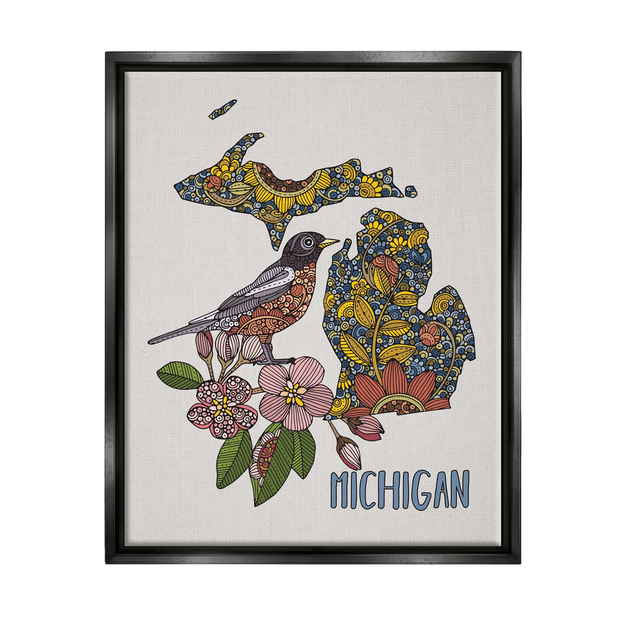 Stupell Industries Detailed Michigan State Robin Bird & Flower Patterns Graphic Art Jet Black Floating Framed Canvas Print Wall Art, Design by Valentina Harper