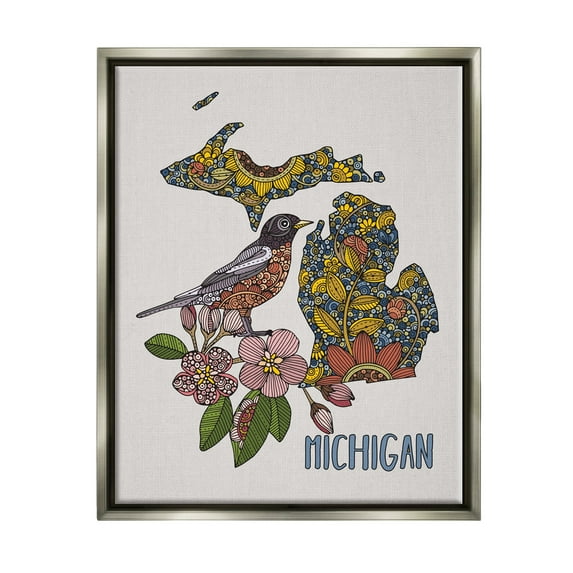 Stupell Industries Detailed Michigan State Robin Bird & Flower Patterns Graphic Art Luster Gray Floating Framed Canvas Print Wall Art, Design by Valentina Harper
