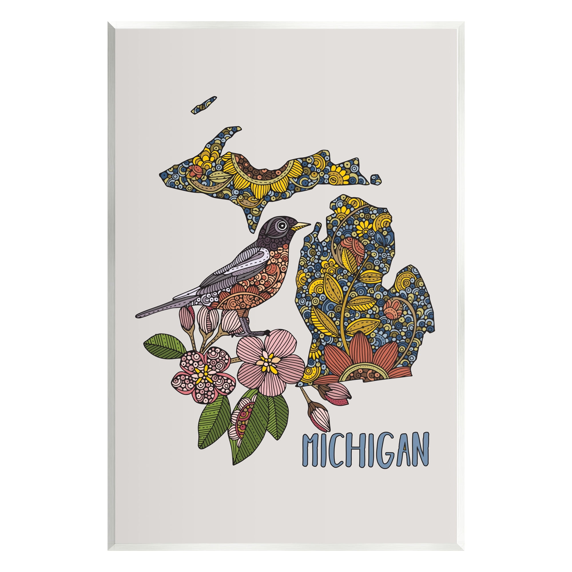 Stupell Industries Detailed Michigan State Robin Bird & Flower Patterns Graphic Art Unframed Art Print Wall Art, Design by Valentina Harper