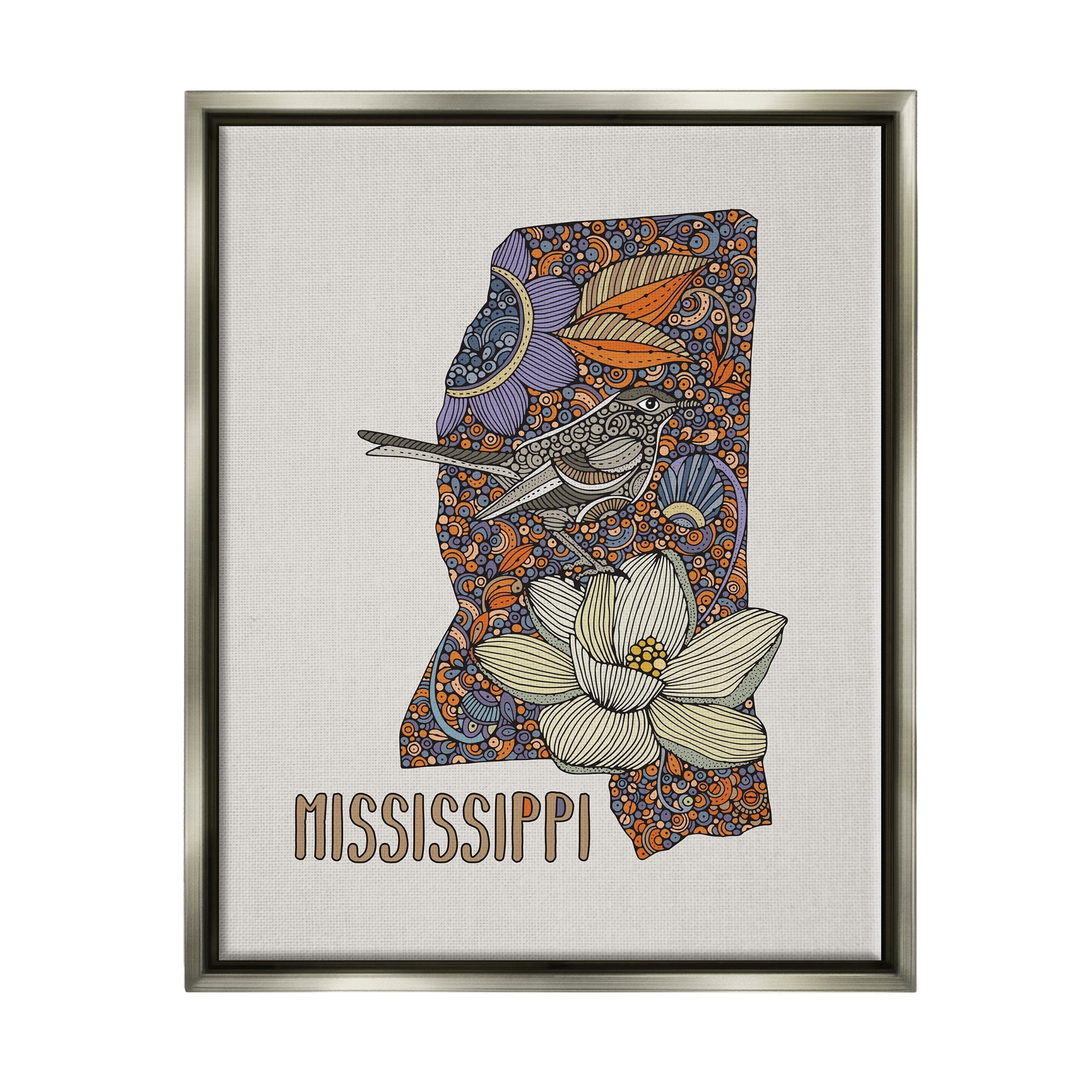 Stupell Industries Detailed Mississippi Bird & Flower Pattern Design Graphic Art Luster Gray Floating Framed Canvas Print Wall Art, Design by Valentina Harper