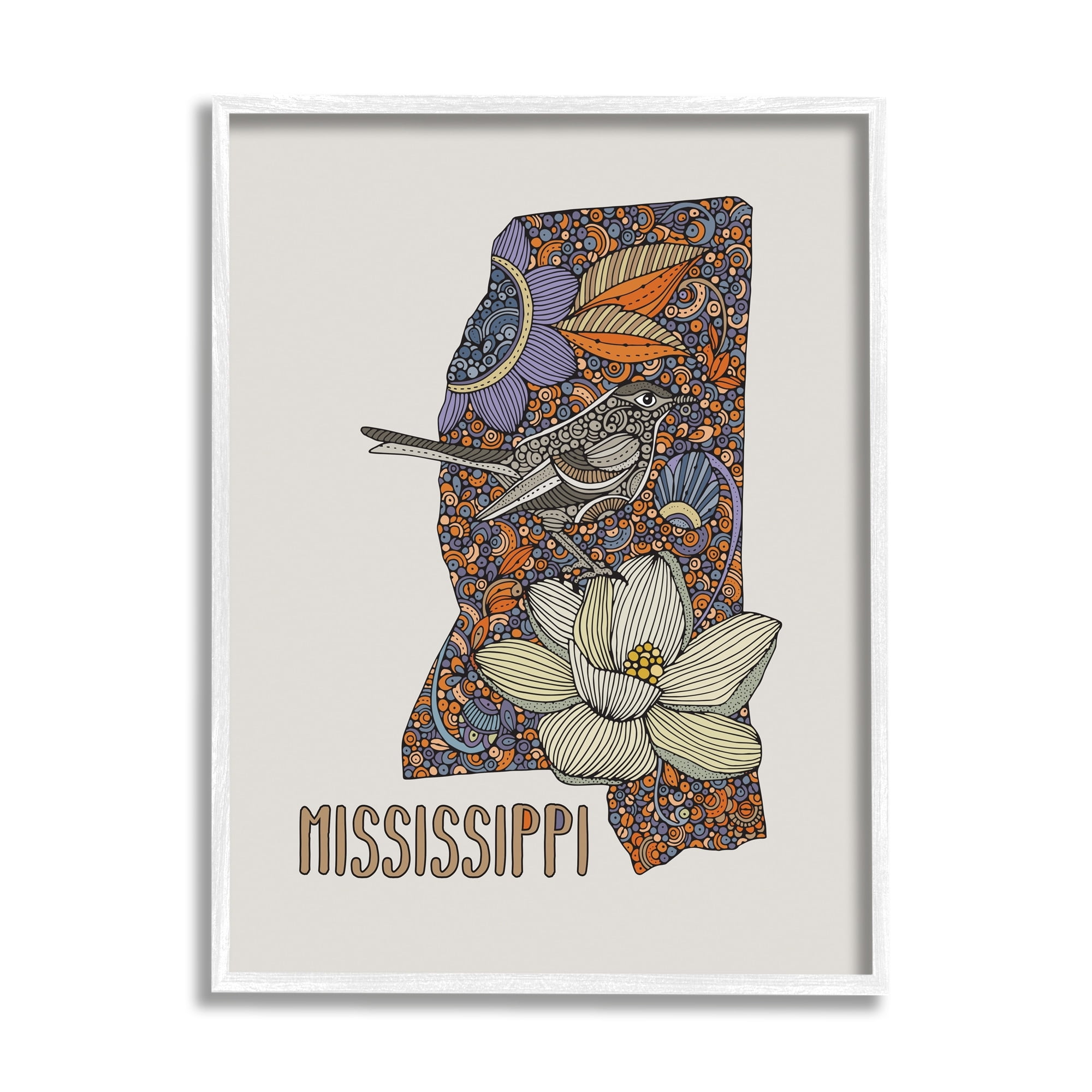 Stupell Industries Detailed Mississippi Bird & Flower Pattern Design Graphic Art White Framed Art Print Wall Art, Design by Valentina Harper