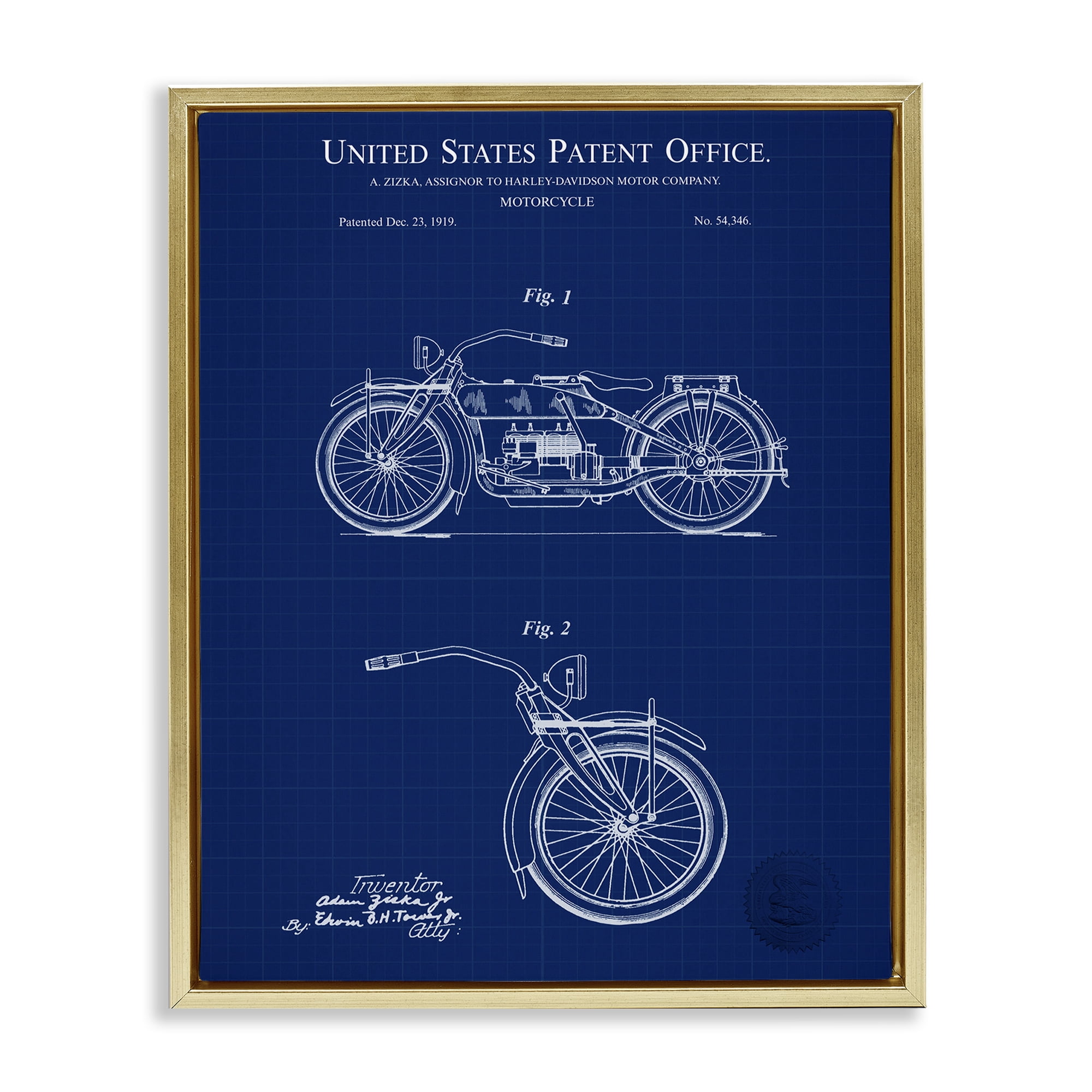 Stupell Industries Detailed Motorcycle Blueprint Transportation Painting Gold Floater Framed Art Print Wall Art, 17 x 21
