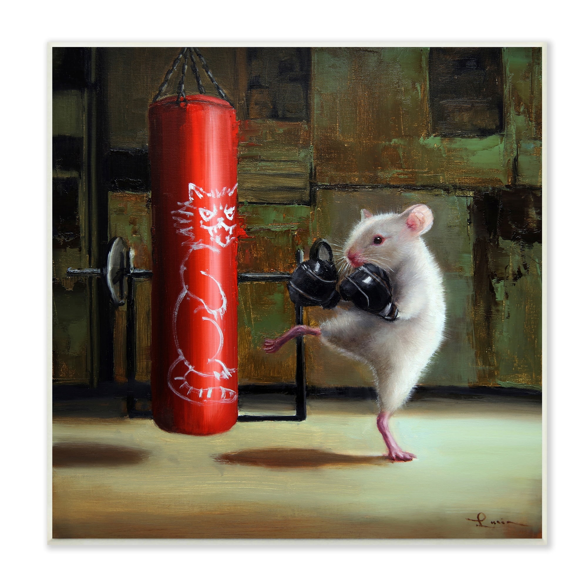 Stupell Industries Detailed Mouse Kick Boxing Cat Punching Bag Wood Wall Art, 12 x 12, Design by Lucia Heffernan