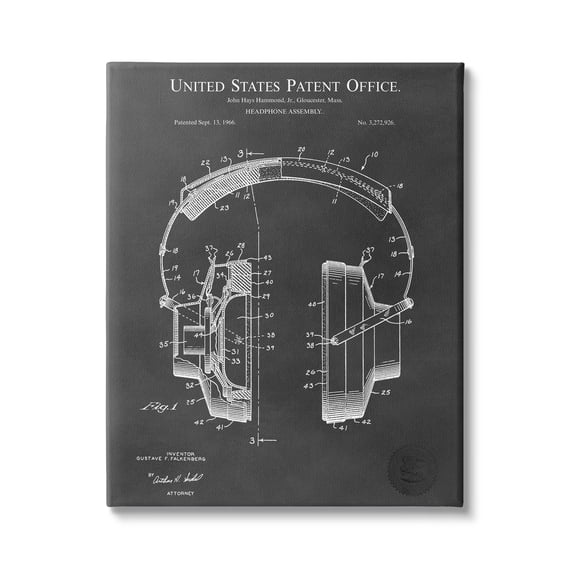 Stupell Industries Detailed Music Headphones Diagram Blueprint Patent Design Canvas Wall Art, 16 x 20, Design by Karl Hronek