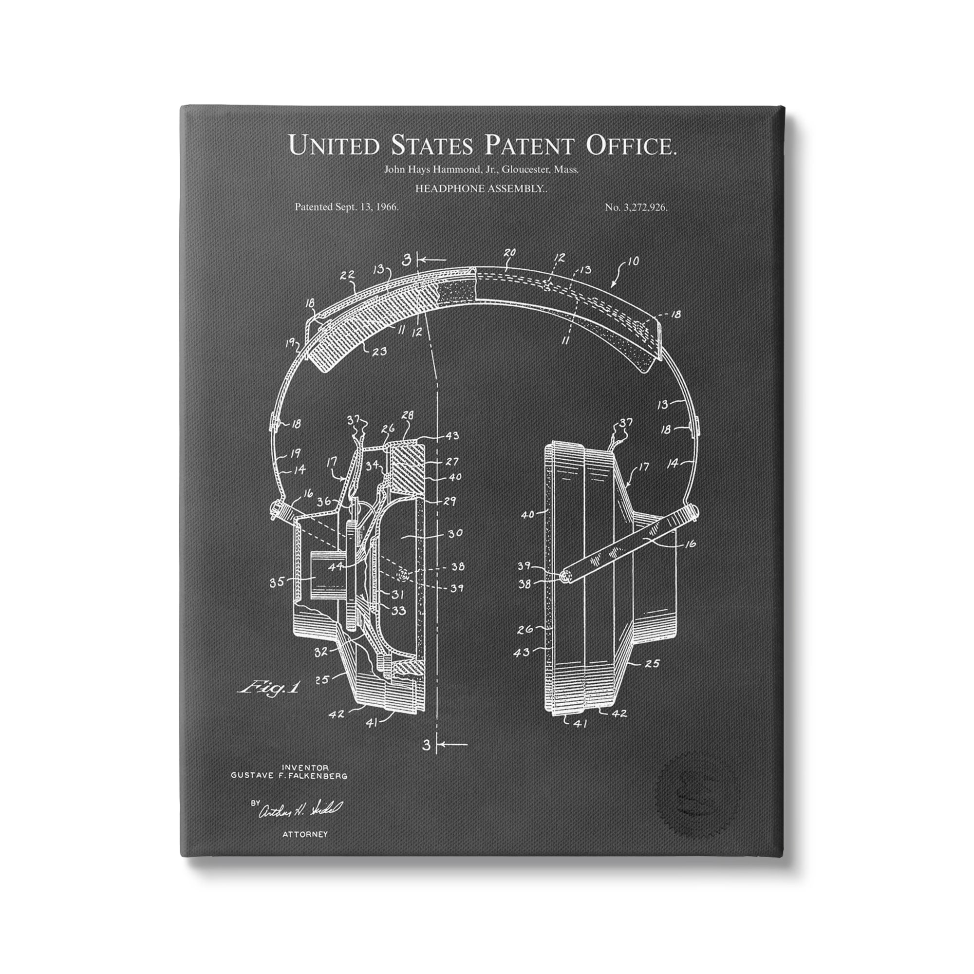 Stupell Industries Detailed Music Headphones Diagram Blueprint Patent Design Canvas Wall Art, 30 x 40, Design by Karl Hronek