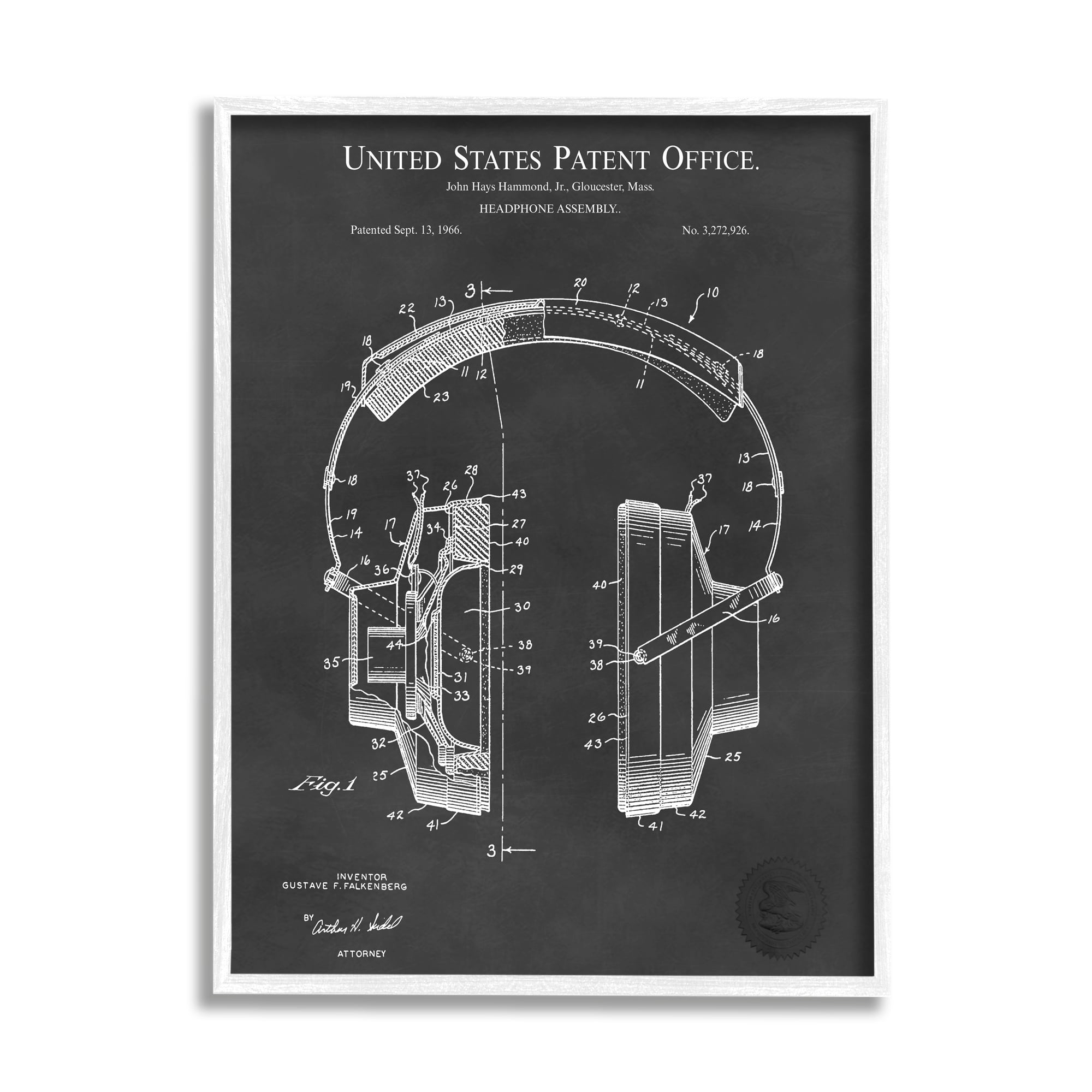 Stupell Industries Detailed Music Headphones Diagram Blueprint Patent Design Framed Wall Art, 11 x 14, Design by Karl Hronek