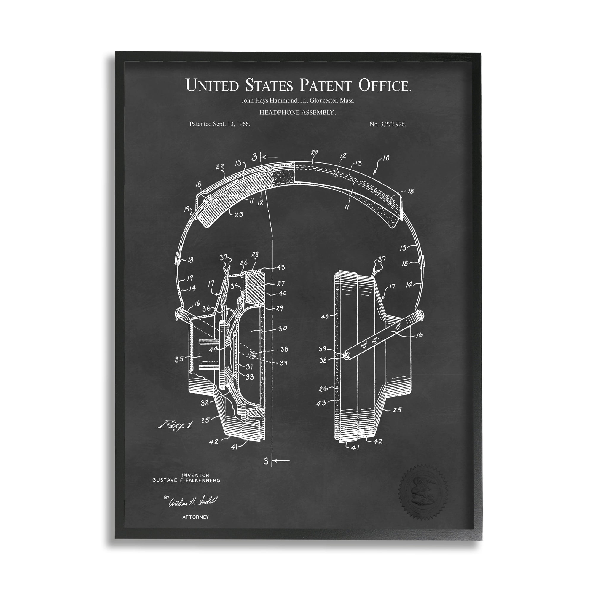 Stupell Industries Detailed Music Headphones Diagram Blueprint Patent Design Framed Wall Art, 24 x 30, Design by Karl Hronek