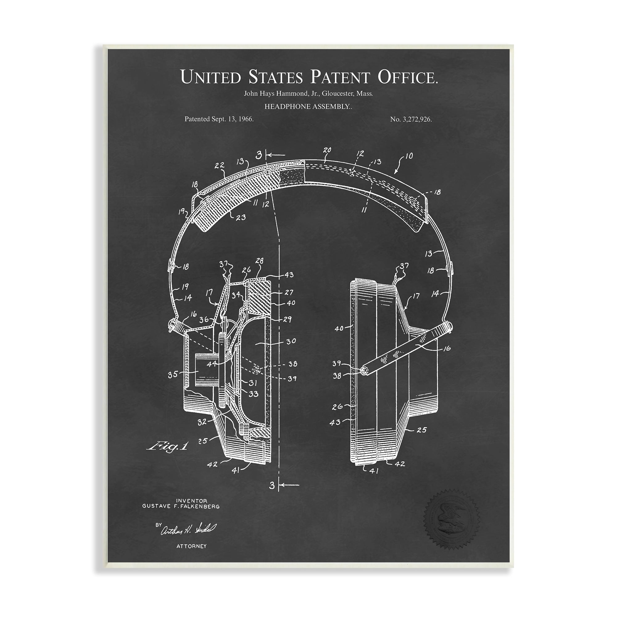 Stupell Industries Detailed Music Headphones Diagram Blueprint Patent Design Wood Wall Art, 10 x 15, Design by Karl Hronek