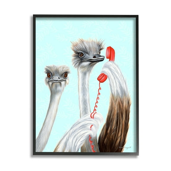 Stupell Industries Detailed Ostrich Birds Talking Red Cord Telephone Graphic Art Black Framed Art Print Wall Art, Design by Amelie Legault