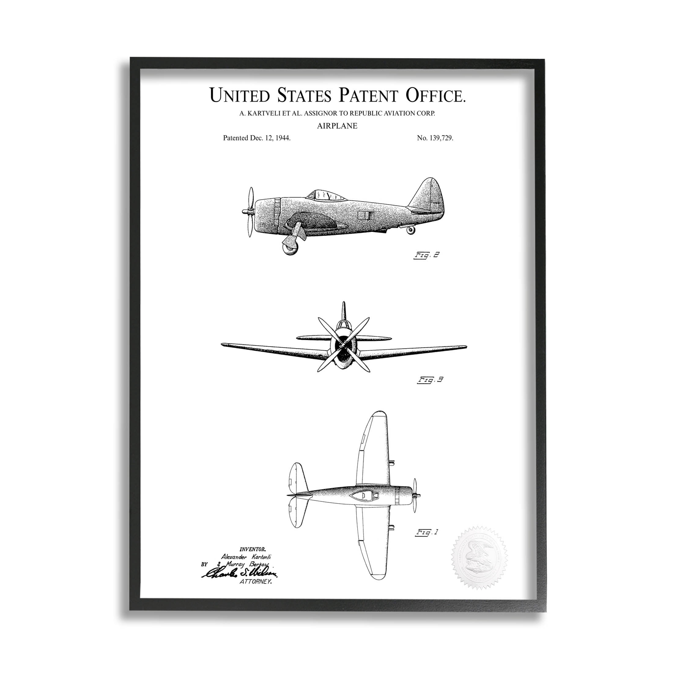 Stupell Industries Detailed Patent US Airplane Graphic Art Black Framed Art Print Wall Art, Design by Karl Hronek