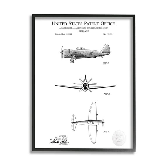 Stupell Industries Detailed Patent US Airplane Graphic Art Black Framed Art Print Wall Art, Design by Karl Hronek
