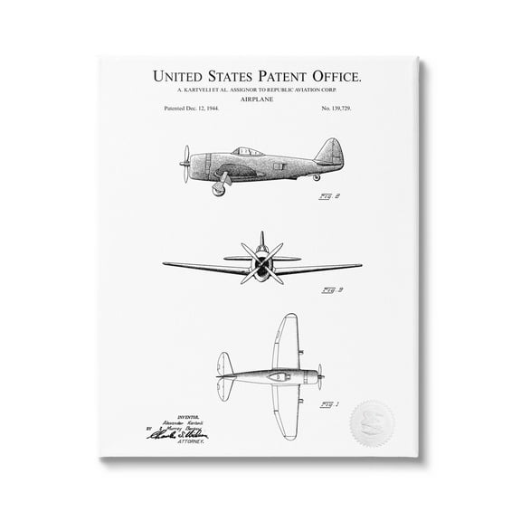 Stupell Industries Detailed Patent US Airplane Graphic Art Gallery Wrapped Canvas Print Wall Art, Design by Karl Hronek