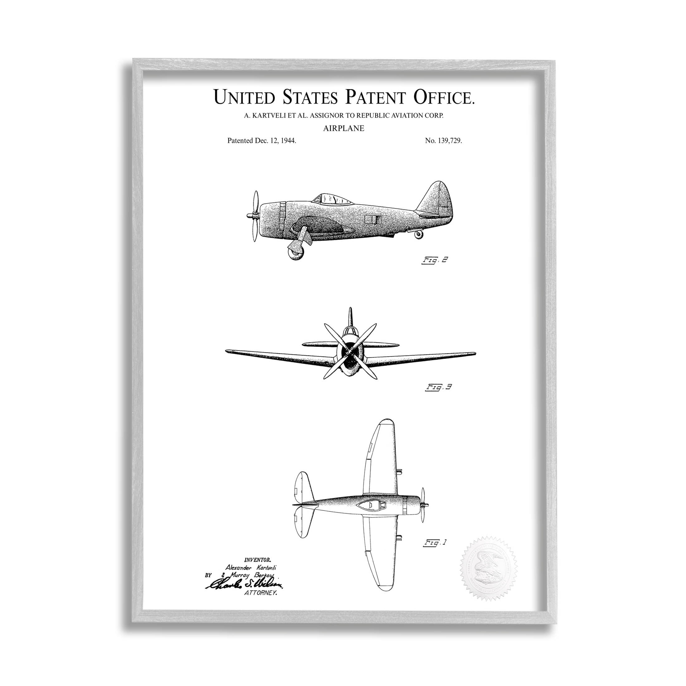 Stupell Industries Detailed Patent US Airplane Graphic Art Gray Framed Art Print Wall Art, Design by Karl Hronek