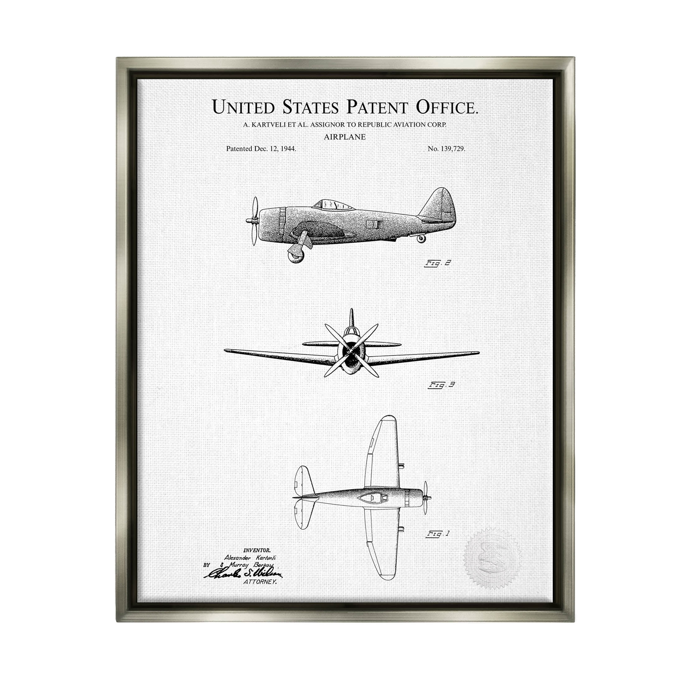 Stupell Industries Detailed Patent US Airplane Graphic Art Luster Gray Floating Framed Canvas Print Wall Art, Design by Karl Hronek