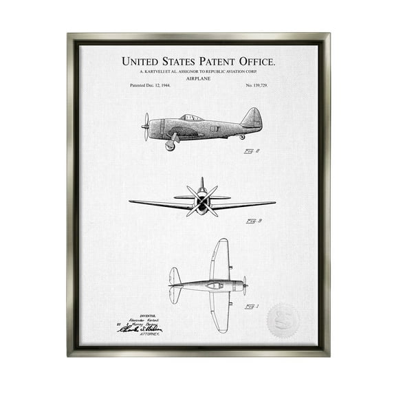 Stupell Industries Detailed Patent US Airplane Graphic Art Luster Gray Floating Framed Canvas Print Wall Art, Design by Karl Hronek