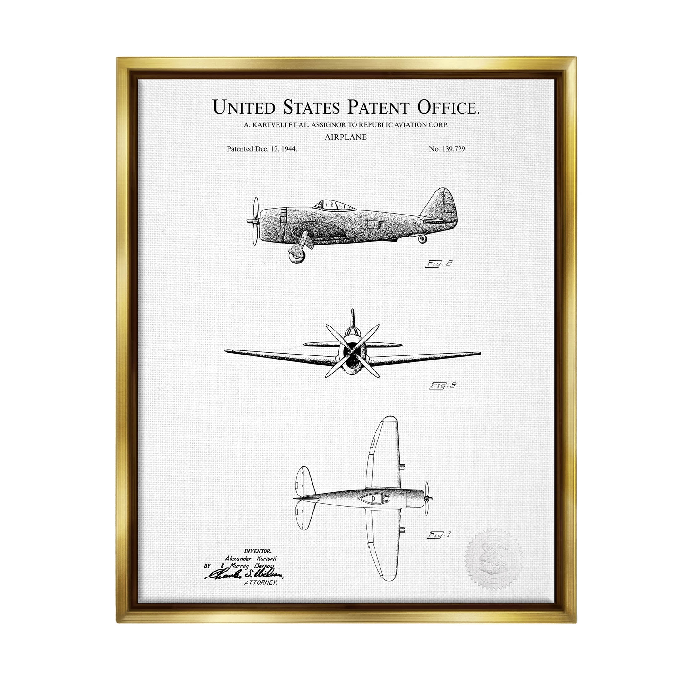 Stupell Industries Detailed Patent US Airplane Graphic Art Metallic Gold Floating Framed Canvas Print Wall Art, Design by Karl Hronek