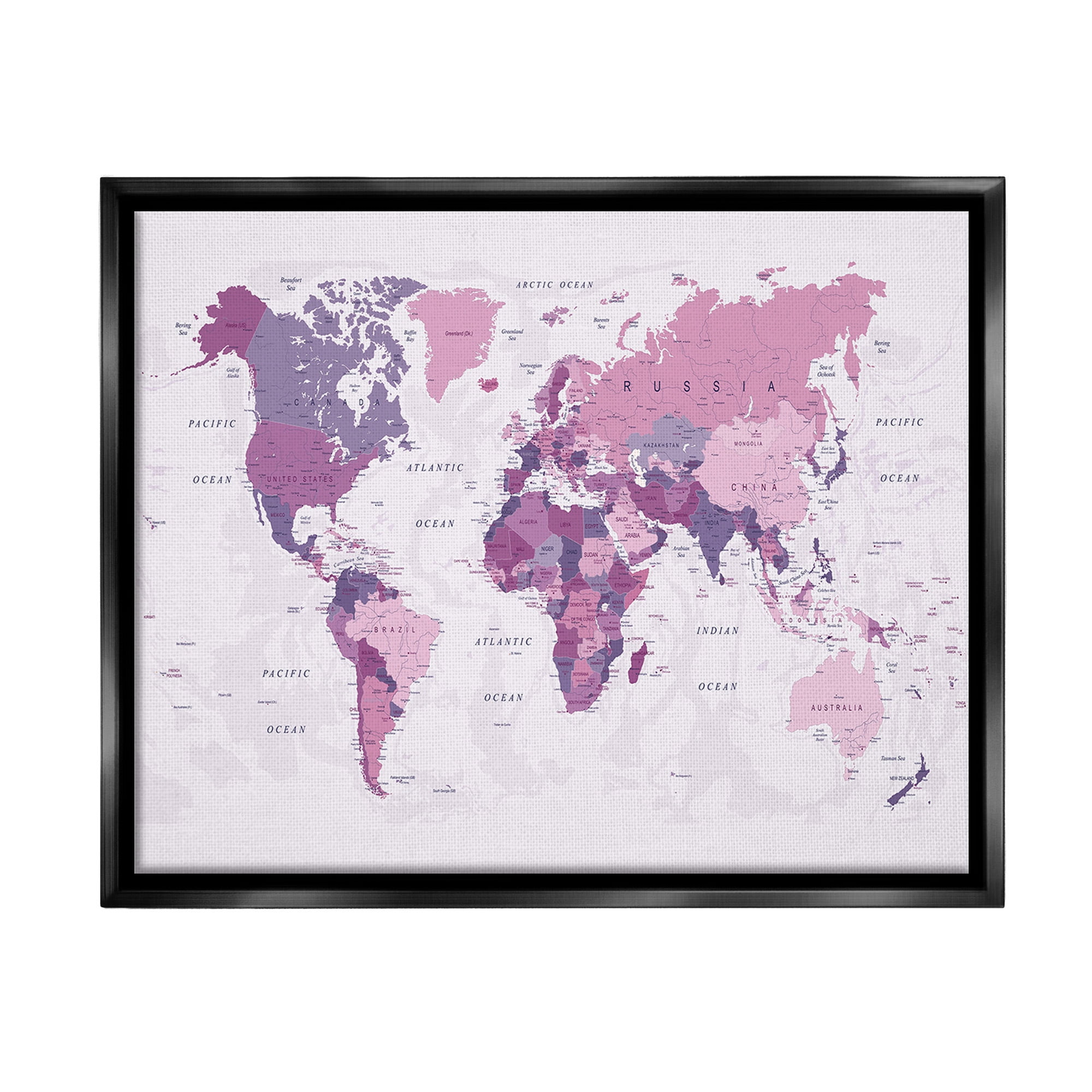 Stupell Industries Detailed Pink World Map Town & City Painting Black Floater Framed Canvas Art Print Wall Art, 21 x 17
