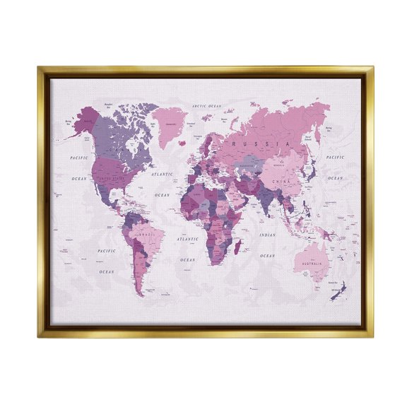 Stupell Industries Detailed Pink World Map Town & City Painting Gold Floater Framed Canvas Art Print Wall Art, 21 x 17
