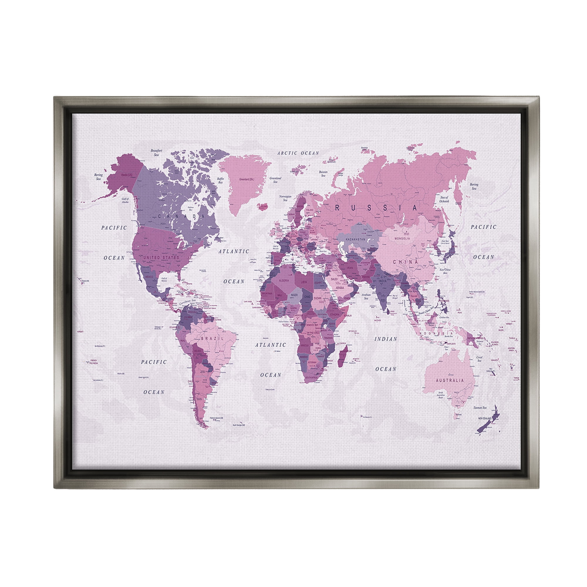 Stupell Industries Detailed Pink World Map Town & City Painting Gray Floater Framed Canvas Art Print Wall Art, 31 x 25