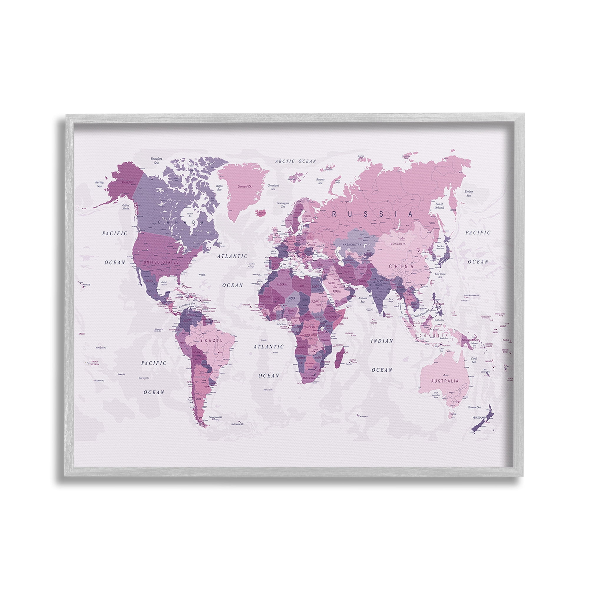 Stupell Industries Detailed Pink World Map Town & City Painting Gray Framed Art Print Wall Art, 20 x 16