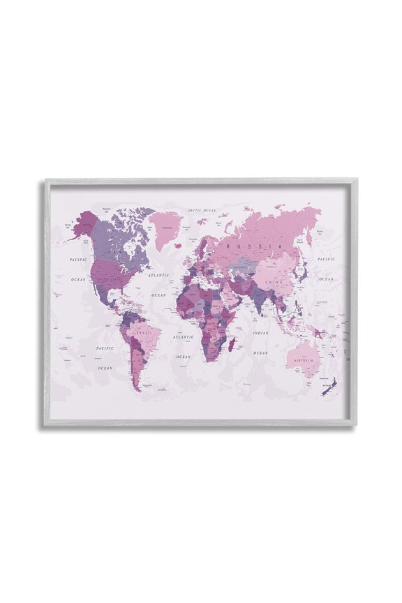 Industries Detailed Pink World Map Town & City Painting Gray Framed Art Print Wall Art, 30 x 24